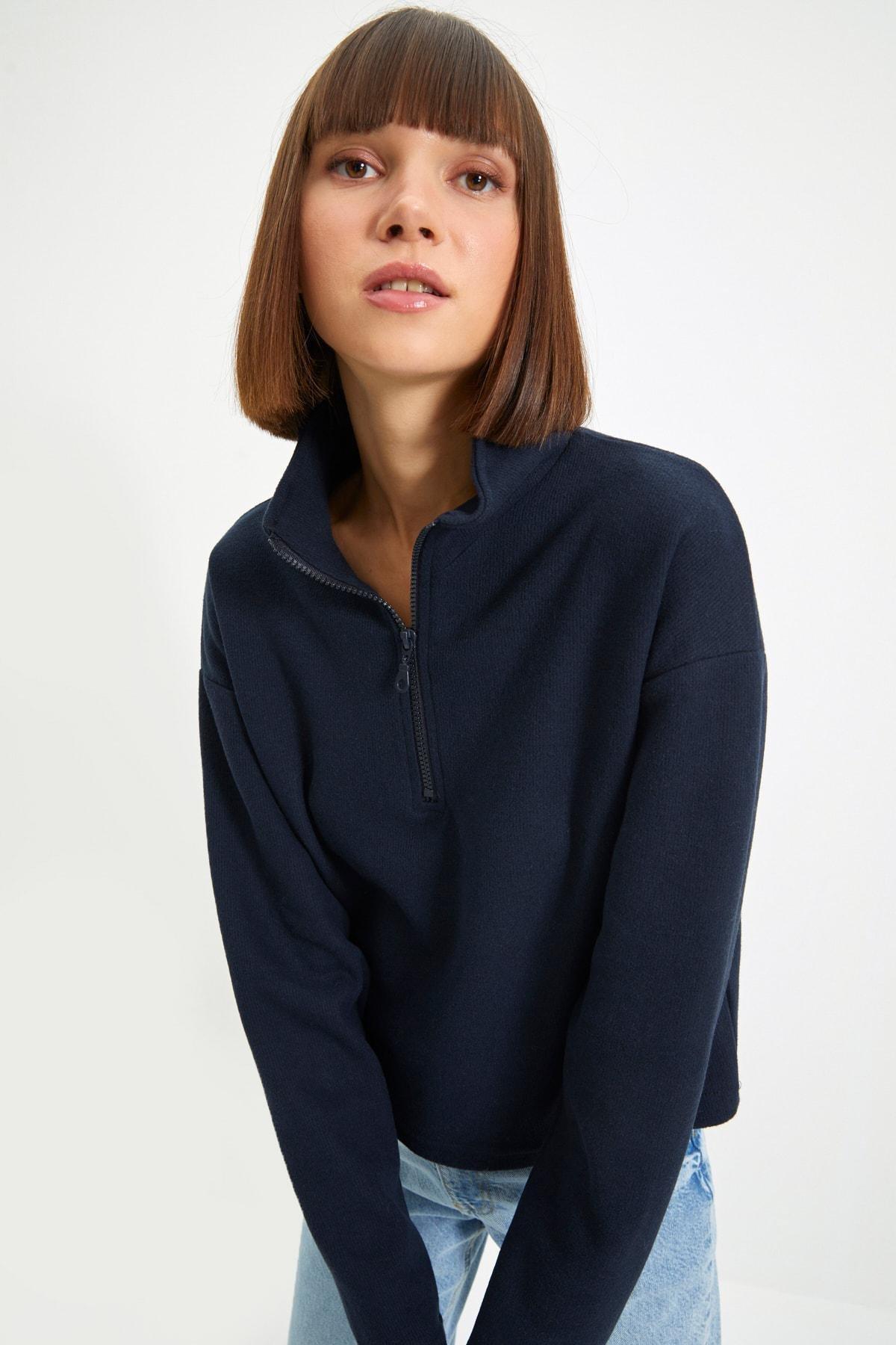 Navy Off-Shoulder Sweatshirt, Dark blue, large image number 4