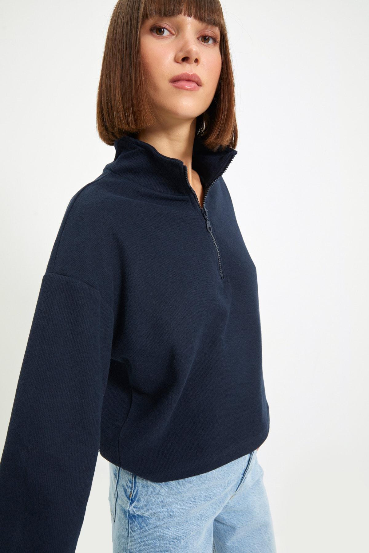 Navy Off-Shoulder Sweatshirt, Dark blue, large image number 8