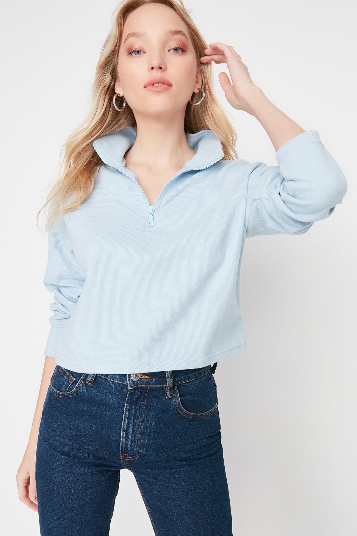Blue High Collar Zippered Sweatshirt, , large image number 1