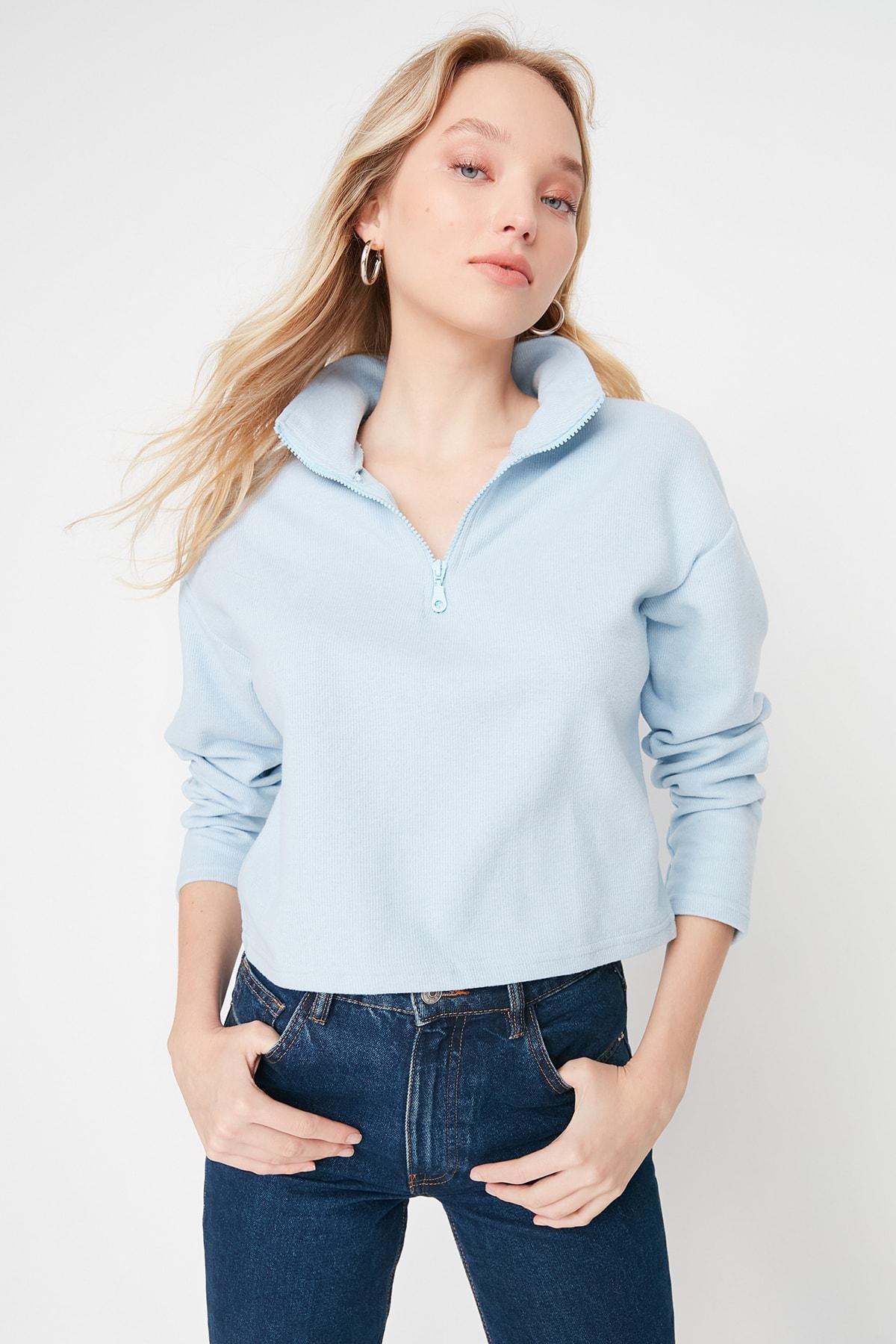 Blue High Collar Zippered Sweatshirt, , large image number 2