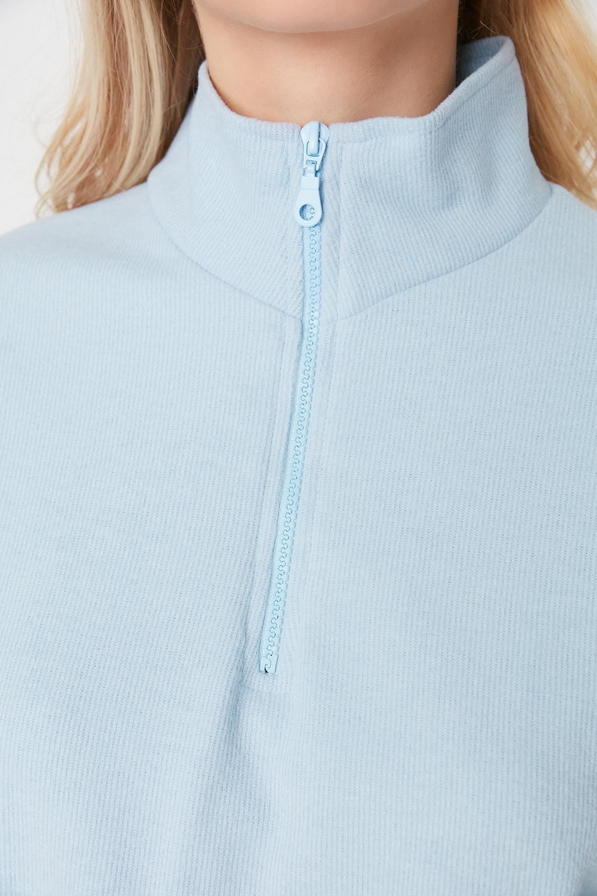 Blue High Collar Zippered Sweatshirt, , large image number 3