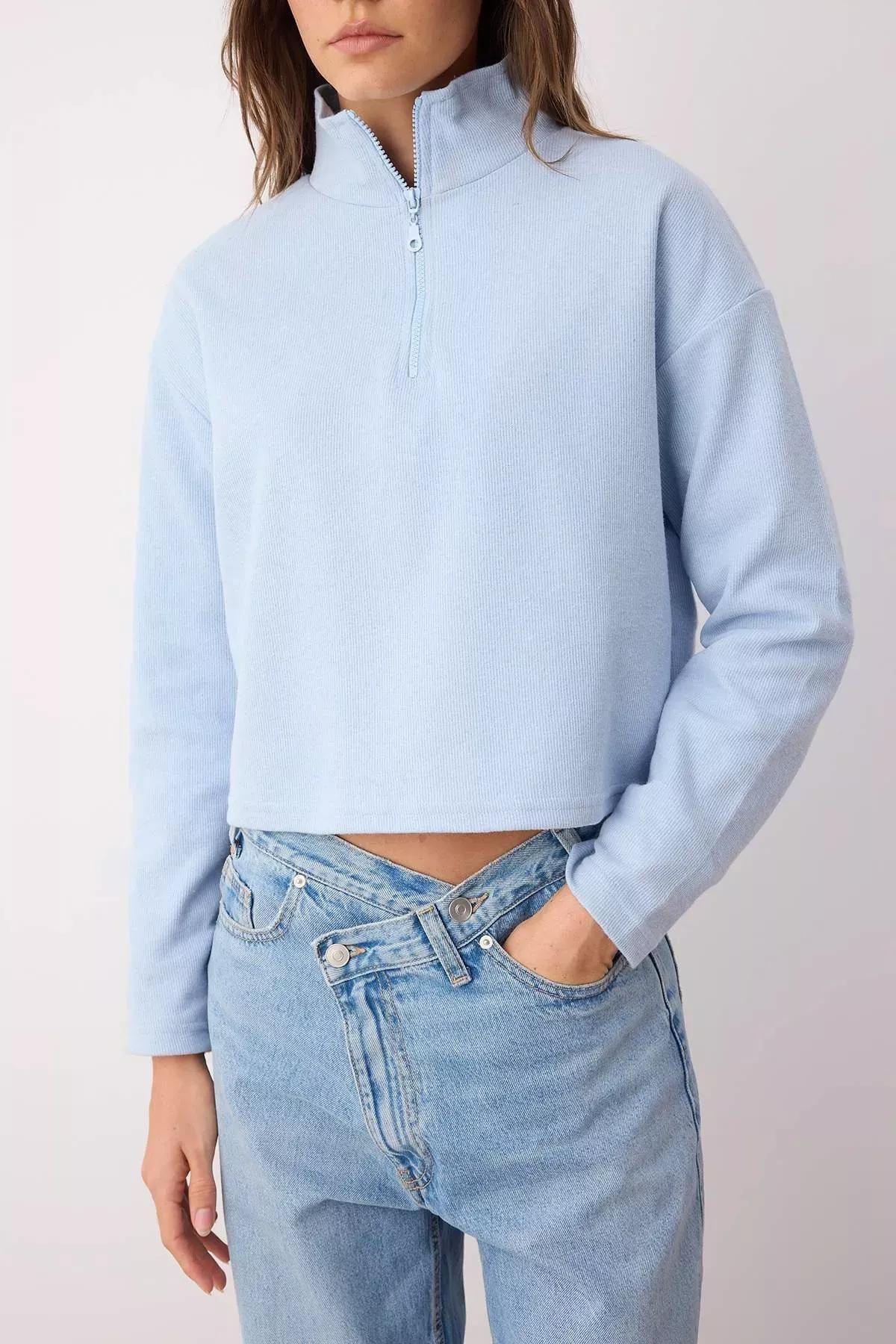 Blue High Collar Zippered Sweatshirt, , large image number 4