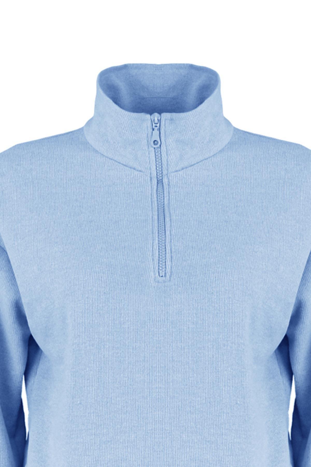 Blue High Collar Zippered Sweatshirt, , large image number 6