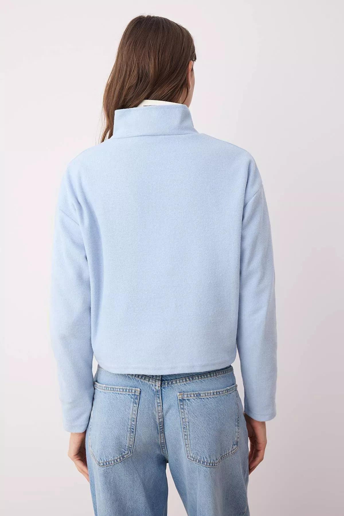 Blue High Collar Zippered Sweatshirt, , large image number 6