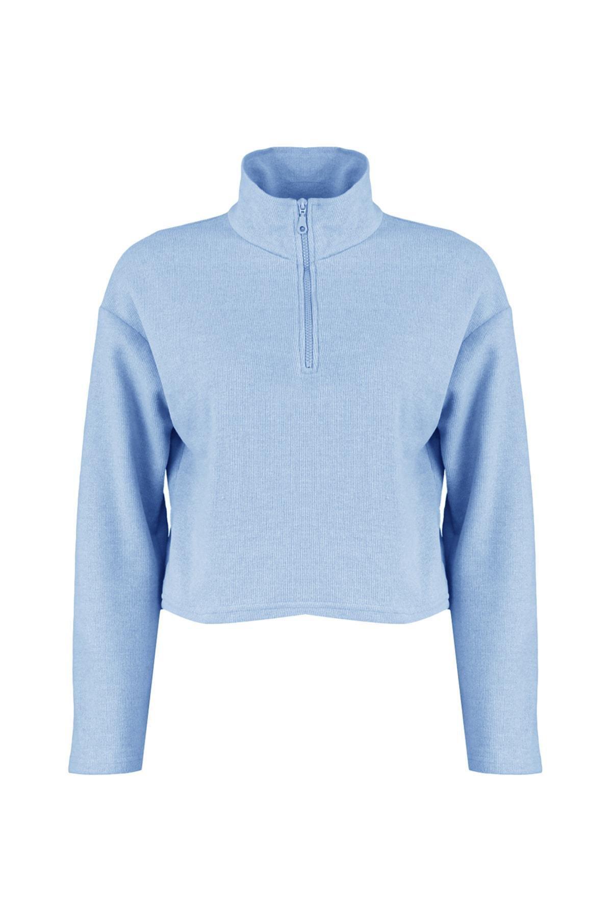 Blue High Collar Zippered Sweatshirt, , large image number 8