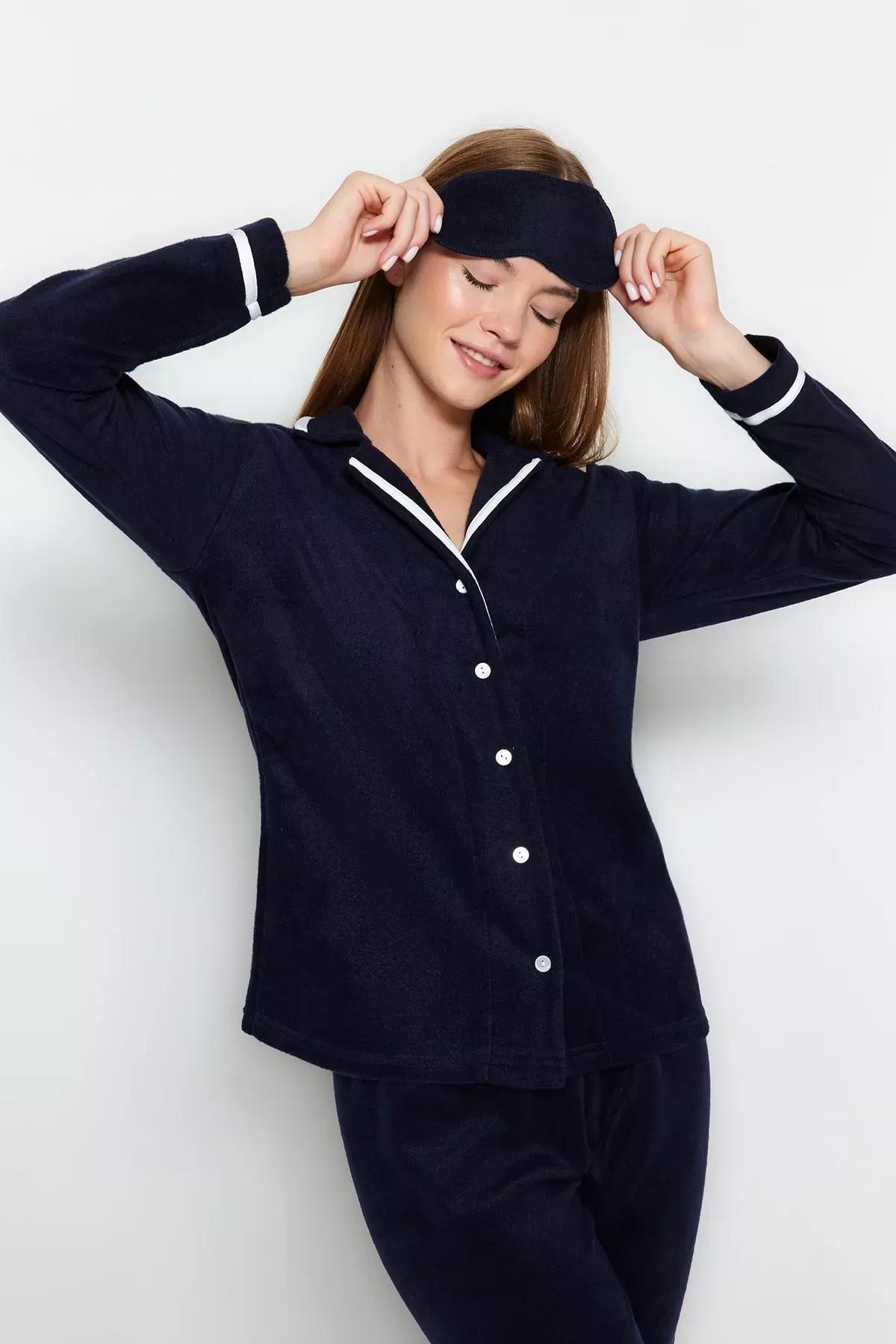 طقم بيجاما بخطوط بارزة، كحلي, Dark blue, large image number 1