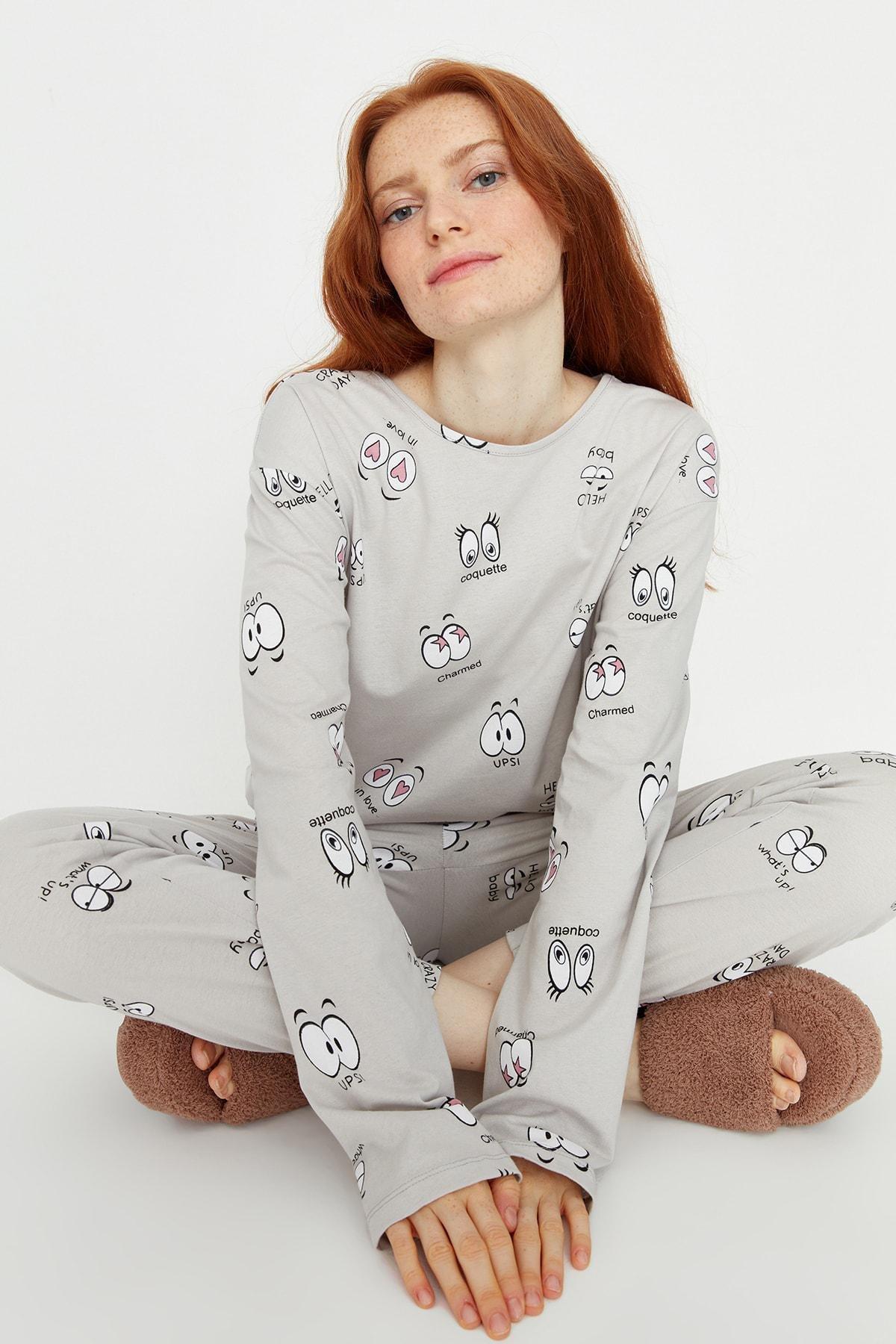 Grey Printed Crew Neck Pajama Set, , large image number 0