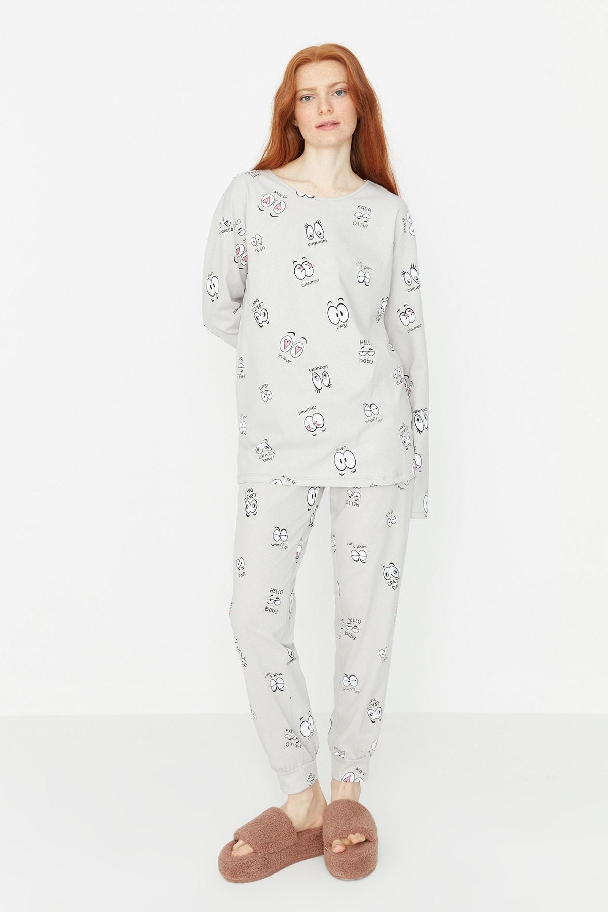 Grey Printed Crew Neck Pajama Set, , large image number 1