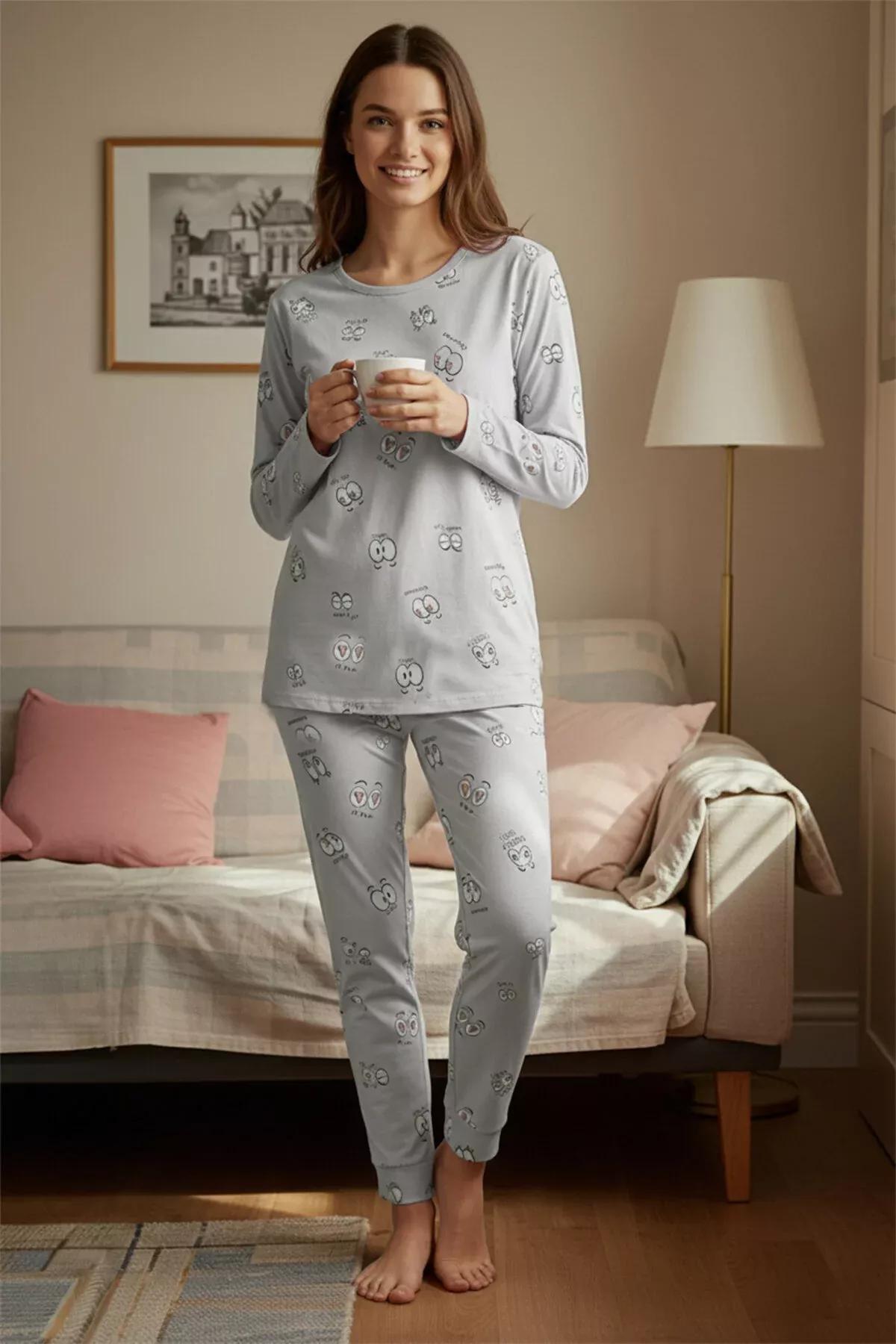 Grey Printed Crew Neck Pajama Set, Gray, large image number 1