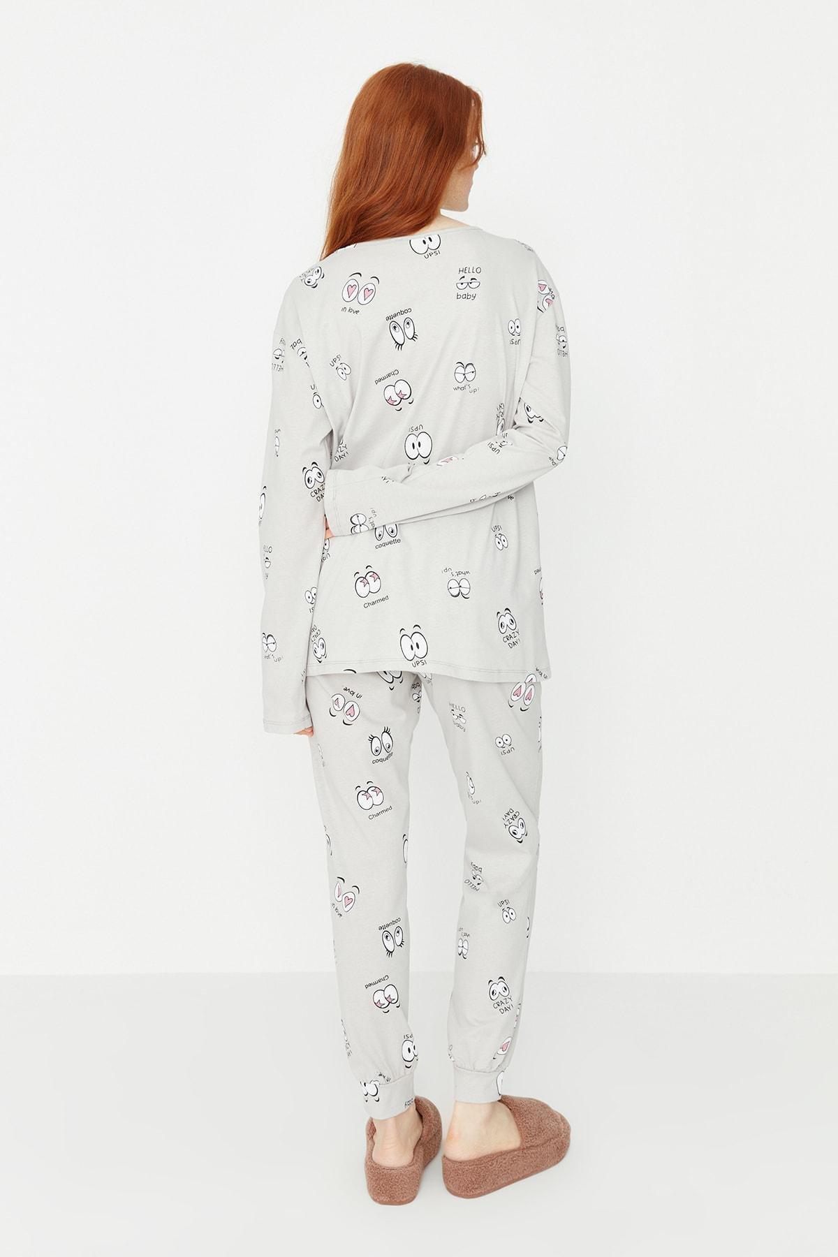 Grey Printed Crew Neck Pajama Set, , large image number 3