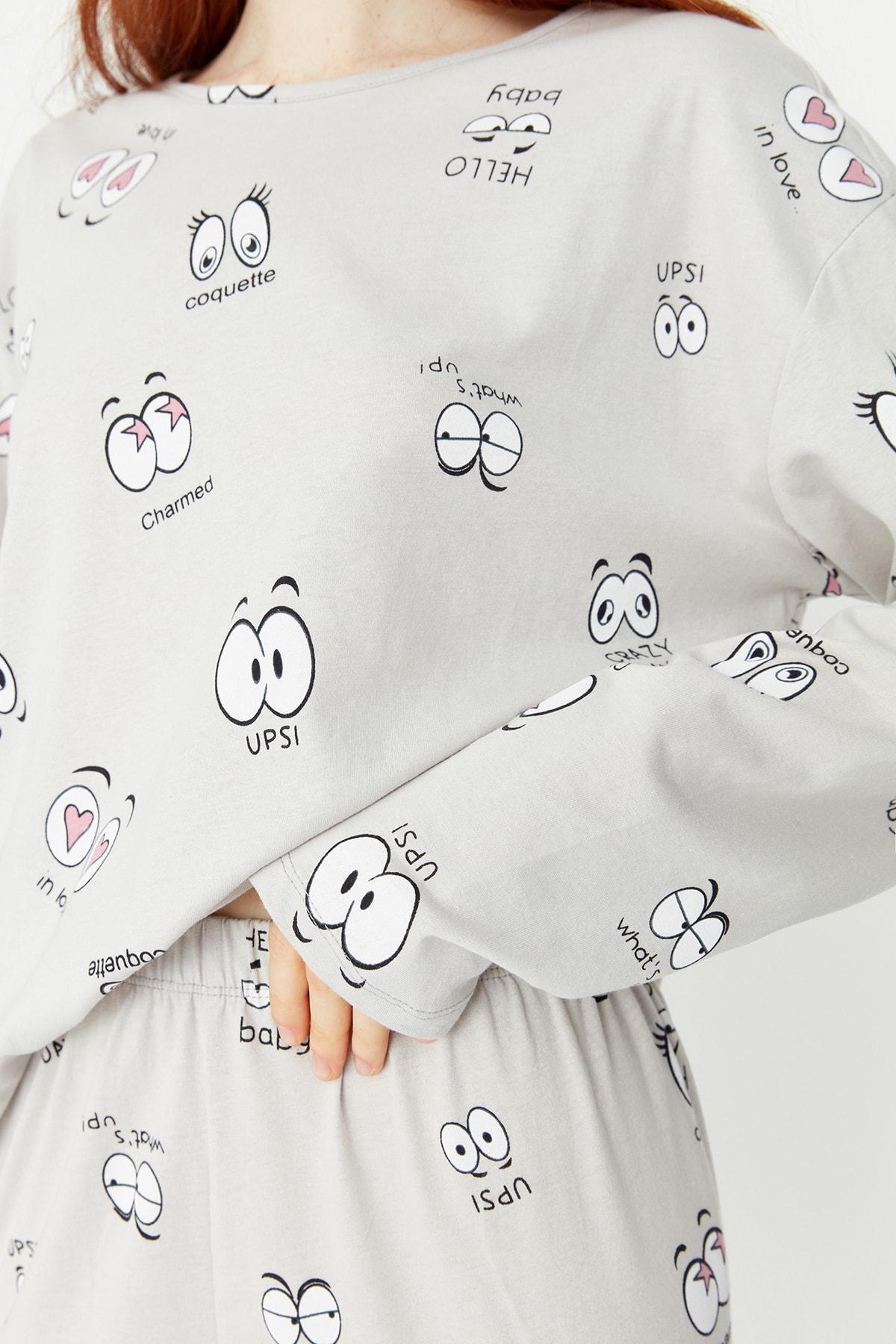 Grey Printed Crew Neck Pajama Set, Gray, large image number 3