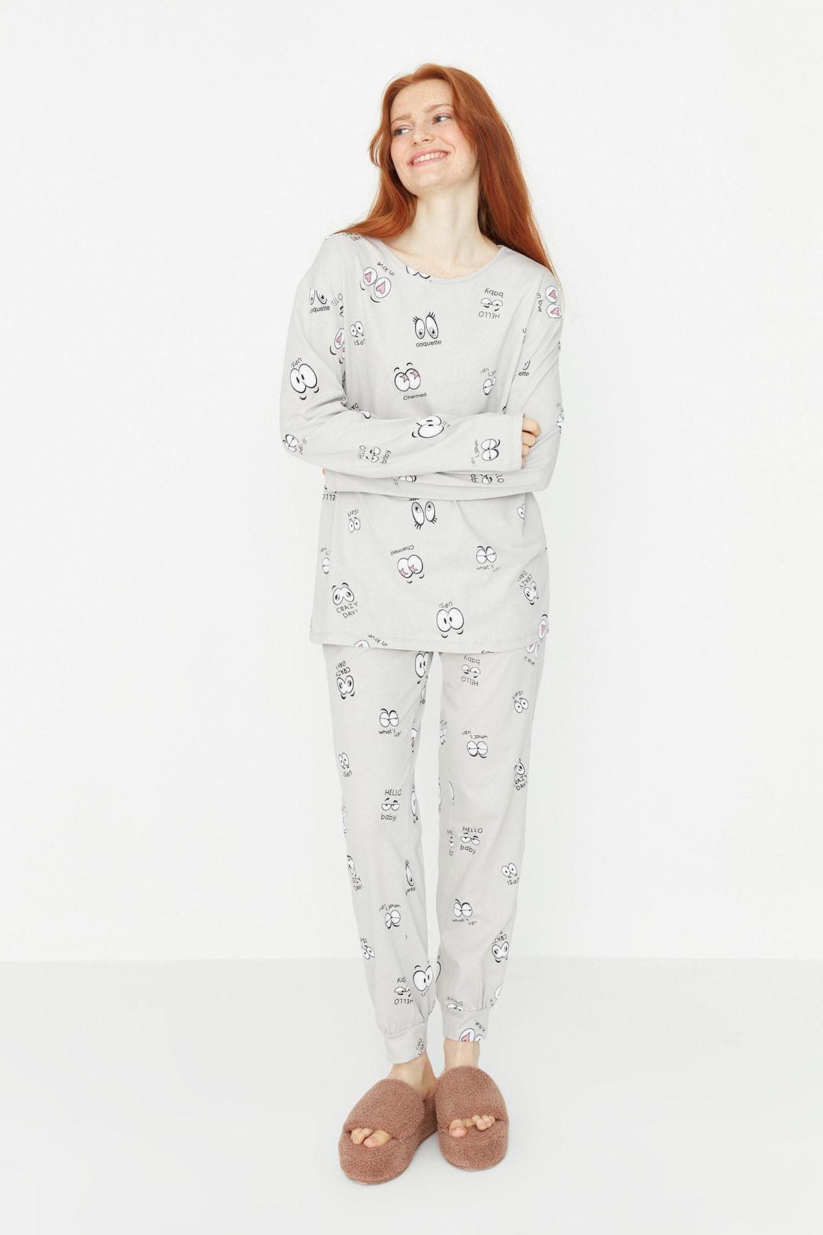 Grey Printed Crew Neck Pajama Set, Gray, large image number 5