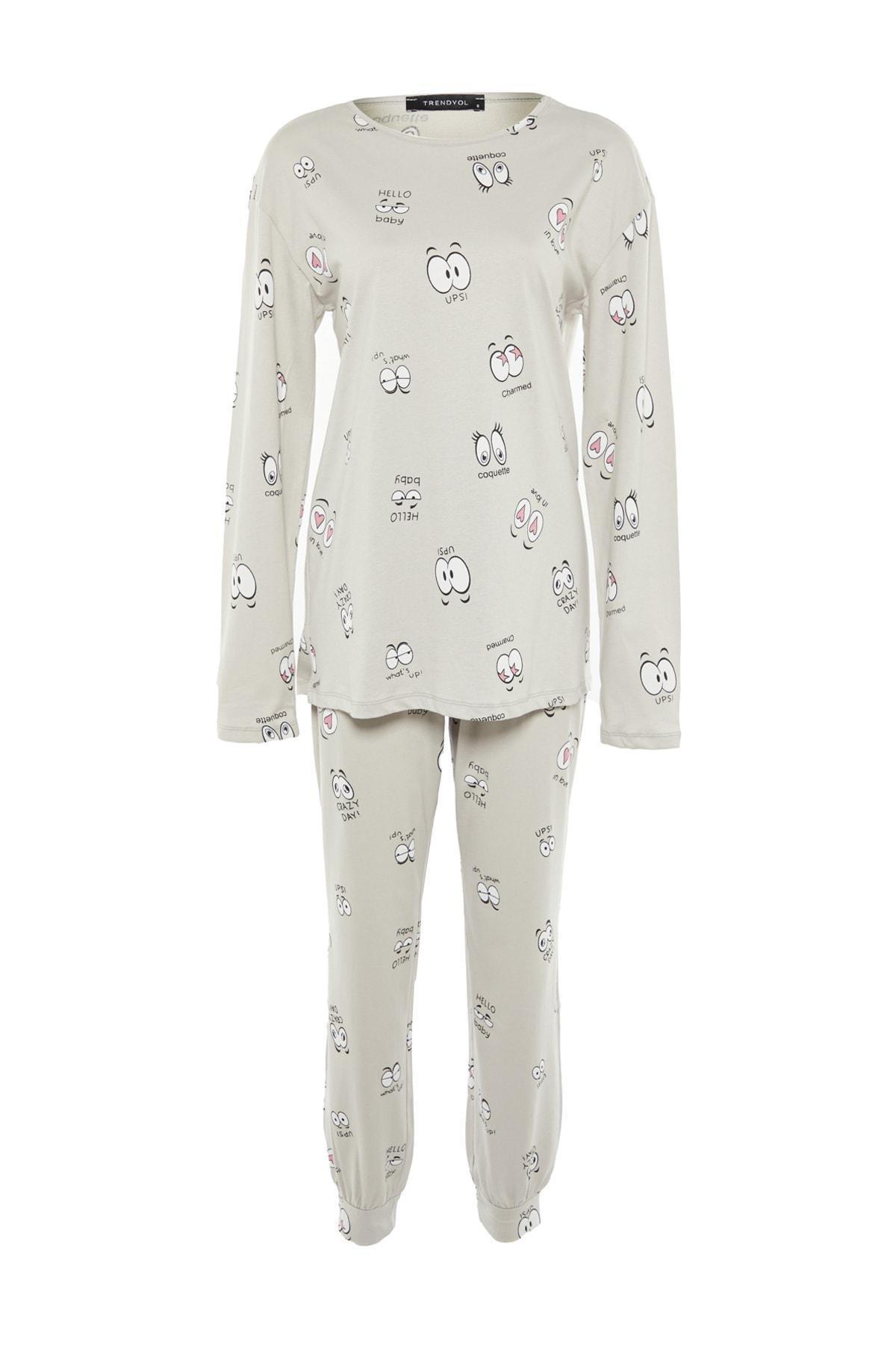 Grey Printed Crew Neck Pajama Set, Gray, large image number 6