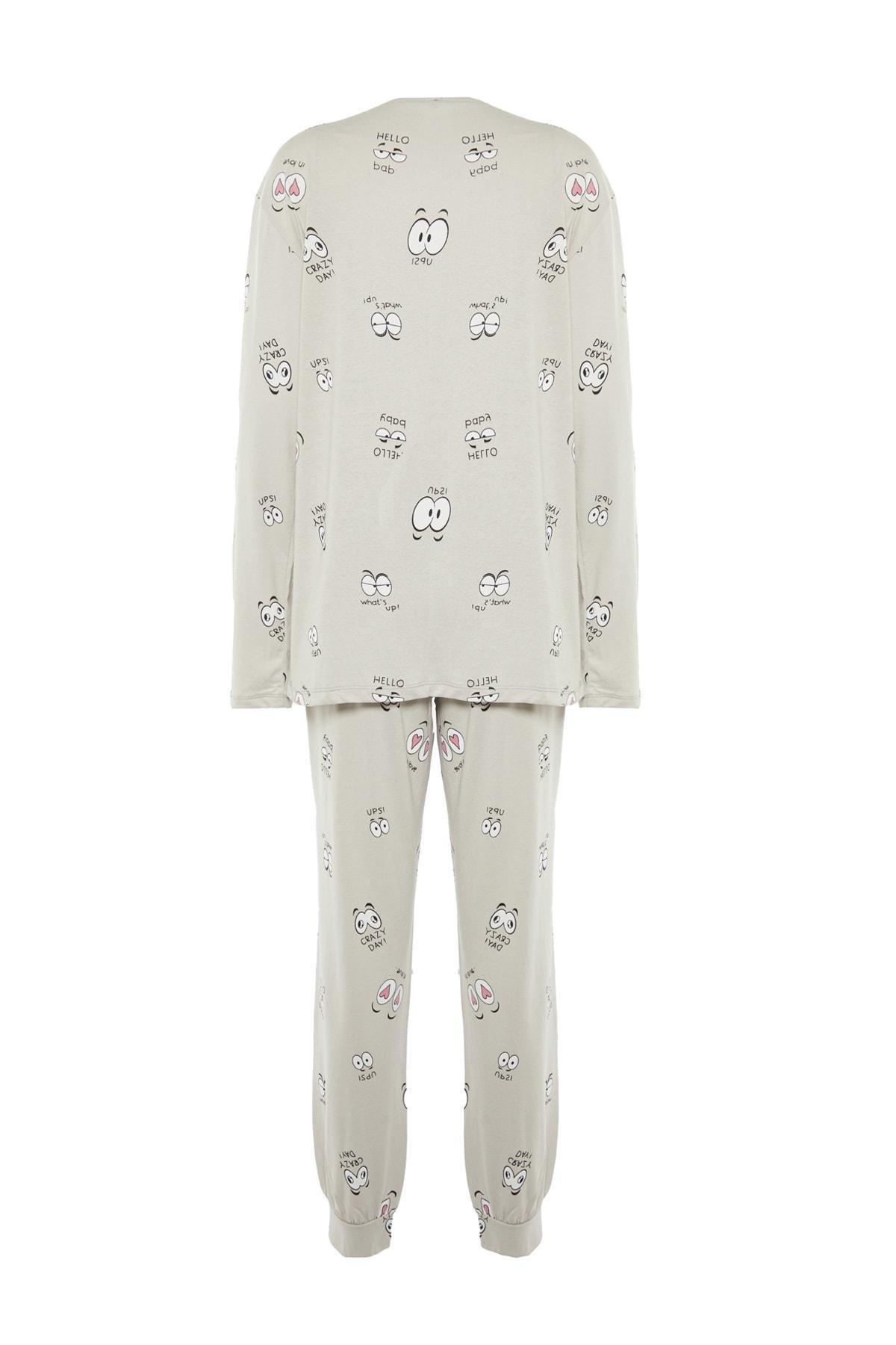 Grey Printed Crew Neck Pajama Set, Gray, large image number 8