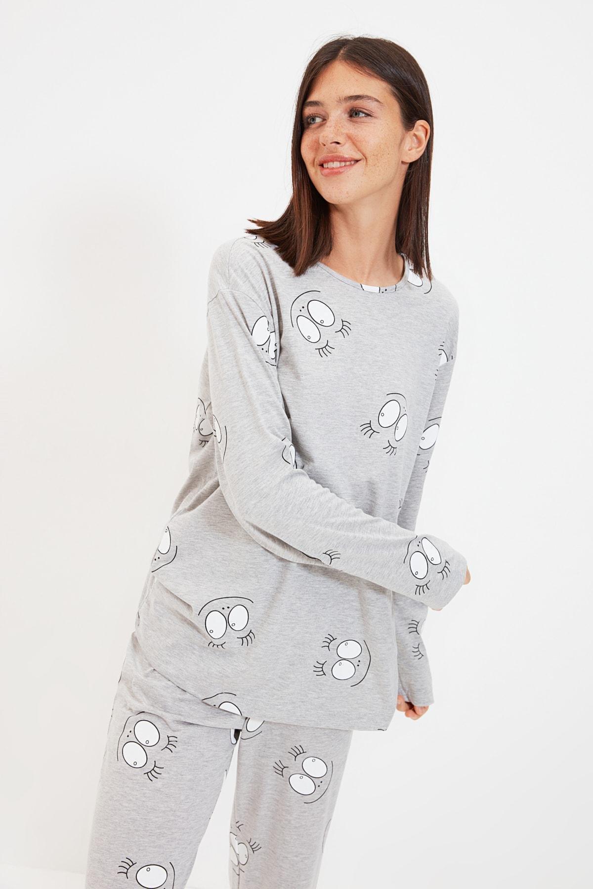 Grey Printed Crew Neck Pajama Set, Gray, large image number 9