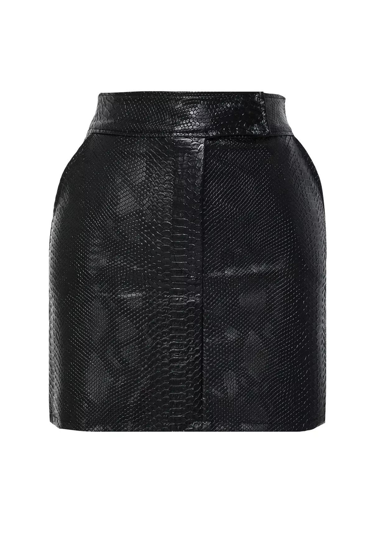Black A Line Mini Faux Leather Skirt, Black, large image number 4