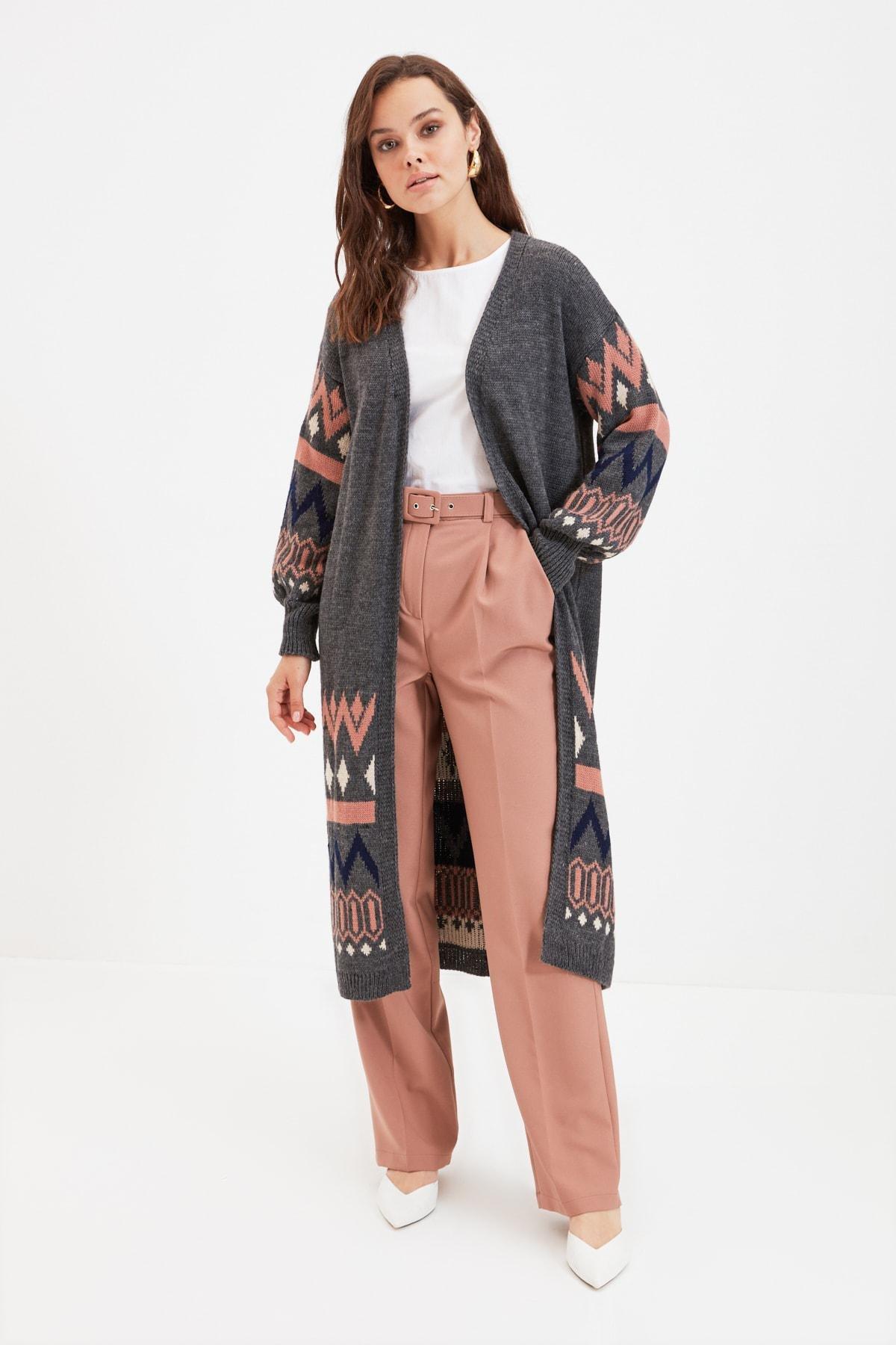 Grey Ethnic Pattern V Neck Cardigan, , large image number 0