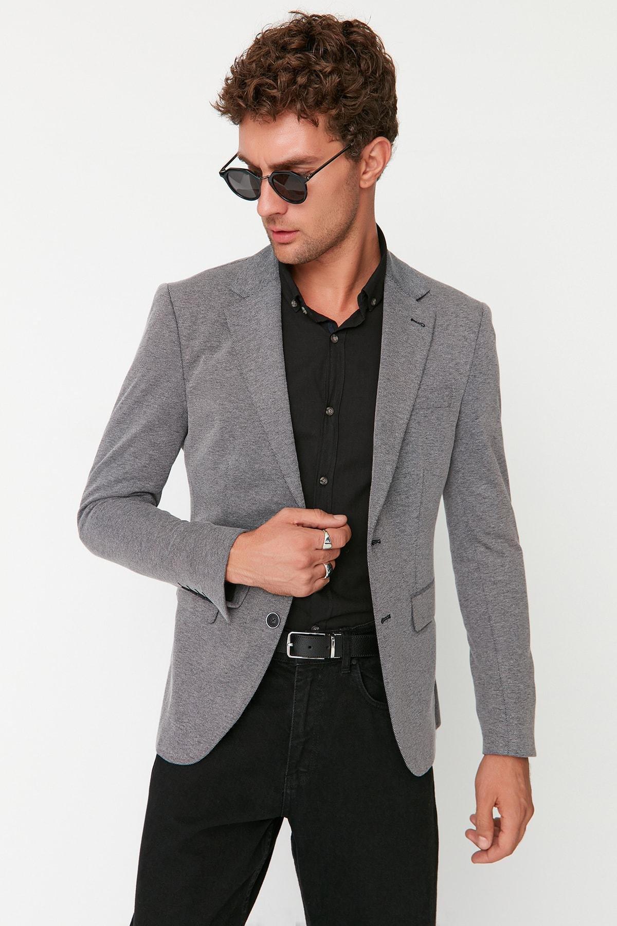 Grey Lapel Collar Jacket, Black, large image number 0