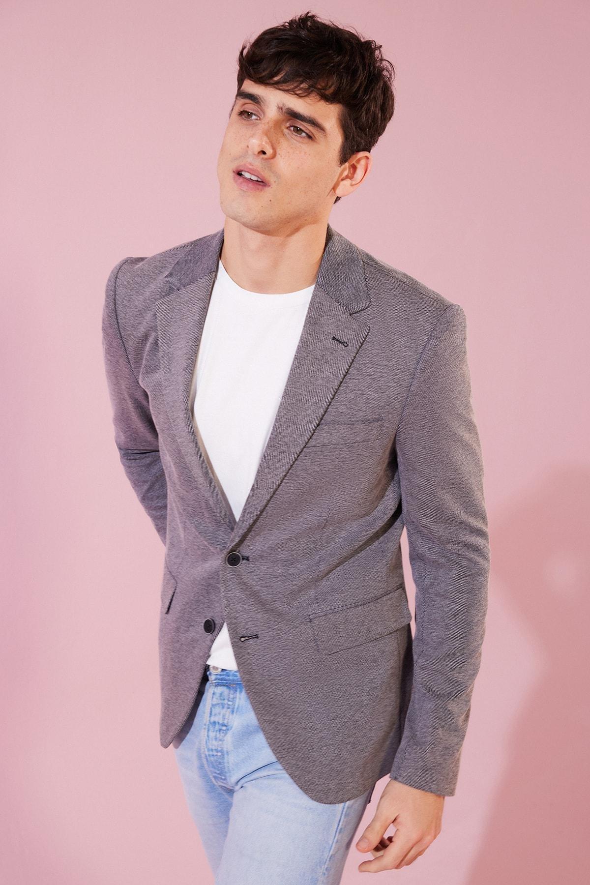 Grey Lapel Collar Jacket, Black, large image number 1