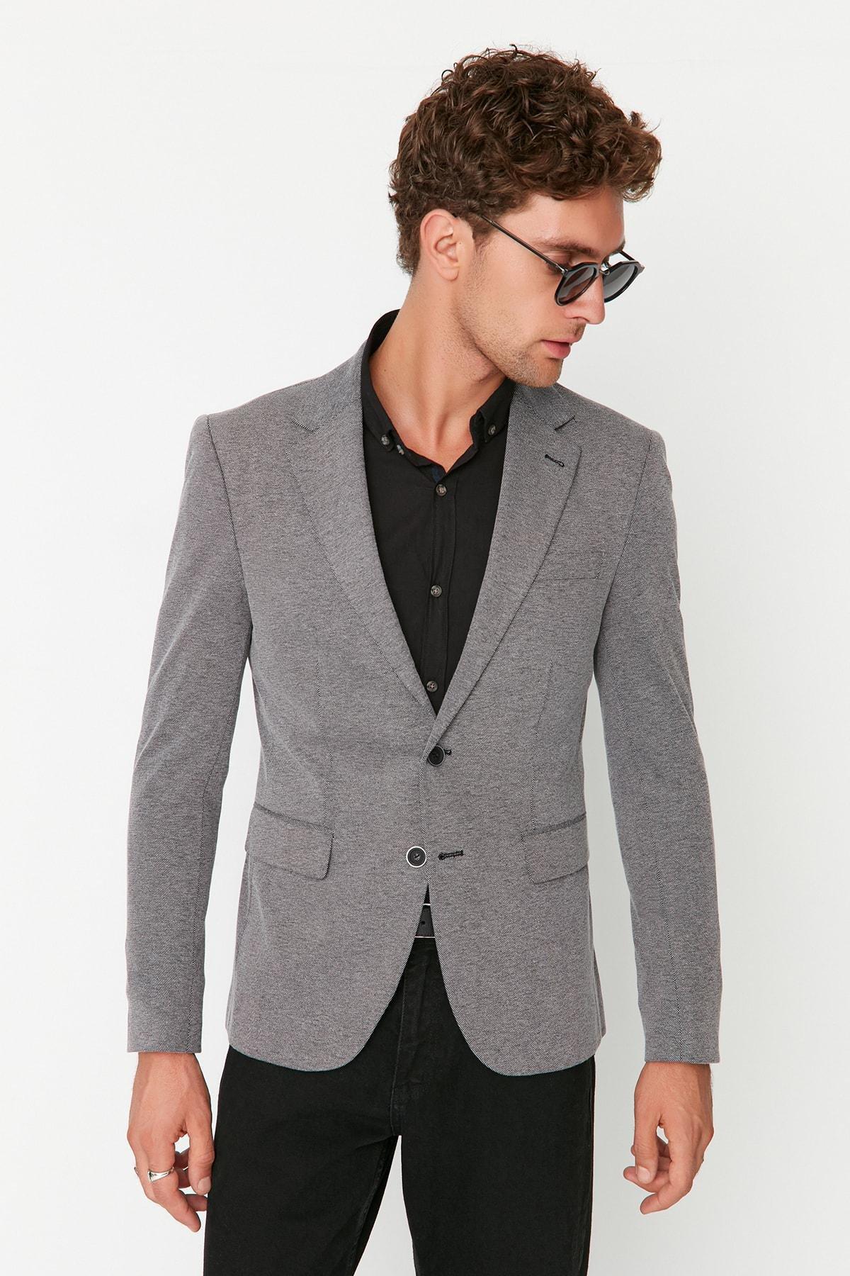 Grey Lapel Collar Jacket, Black, large image number 2