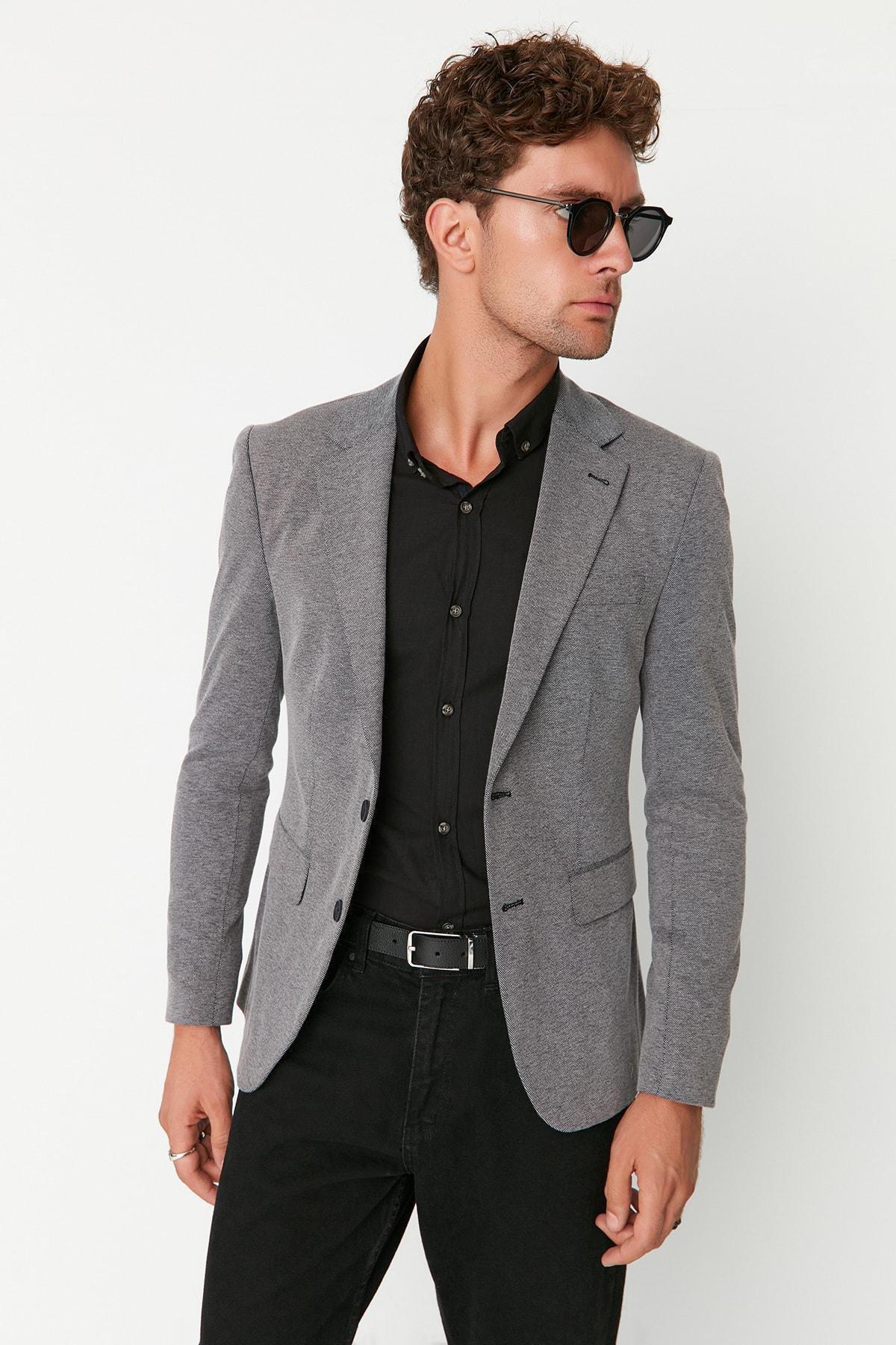Grey Lapel Collar Jacket, Black, large image number 4
