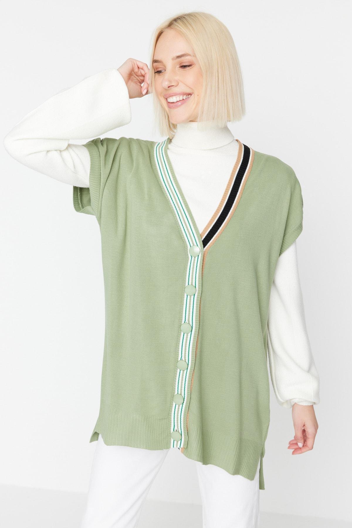 Green Collar Striped Knitwear Sweater, Green, medium