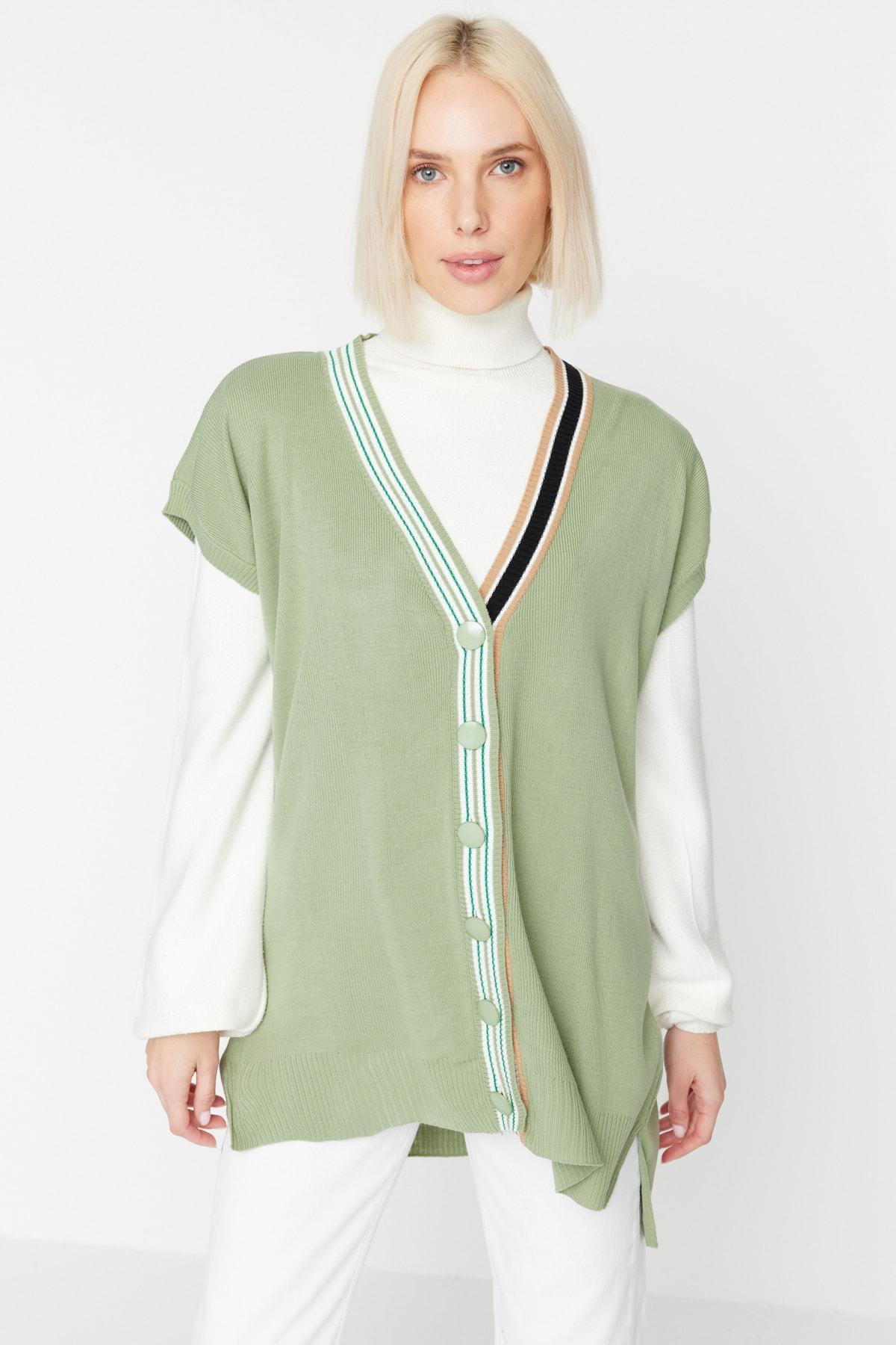 Green Collar Striped Knitwear Sweater, Green, large image number 1
