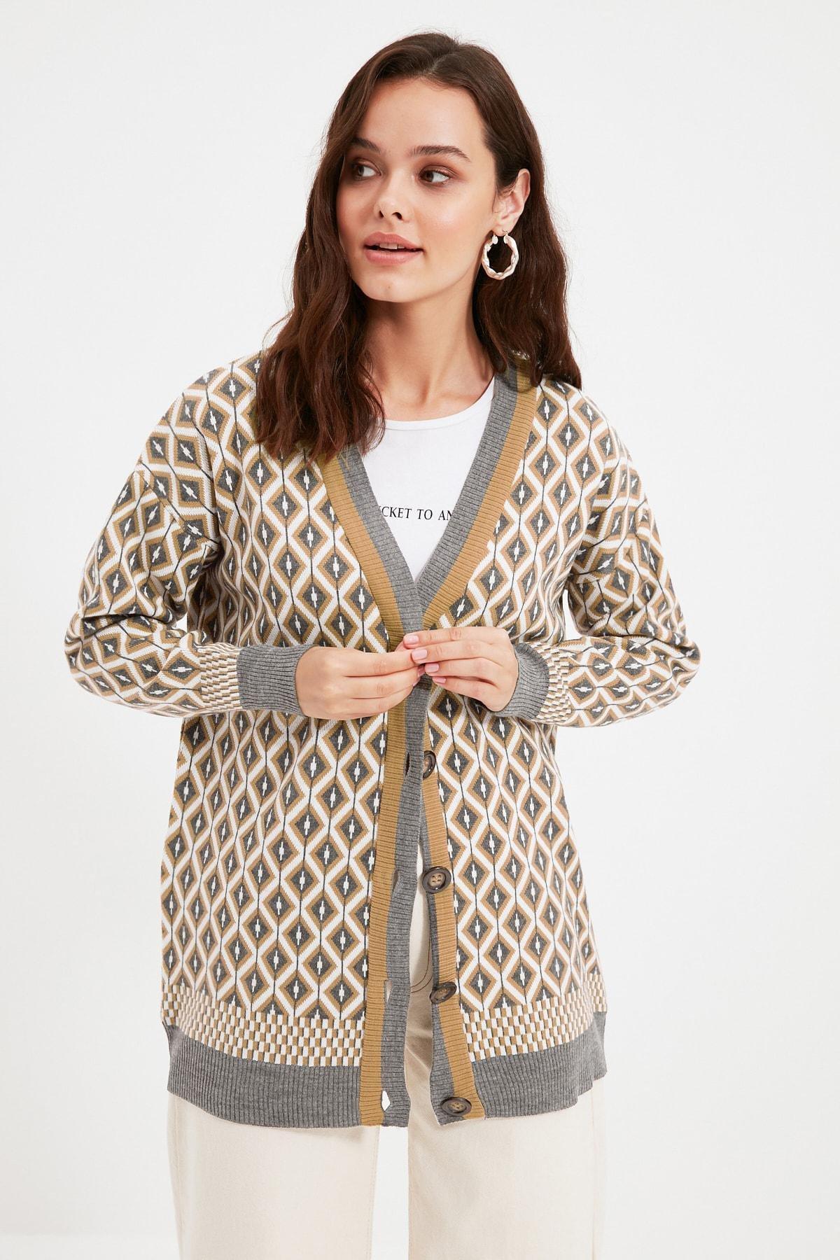 Gray pattern Cardigan, Gray, large image number 3