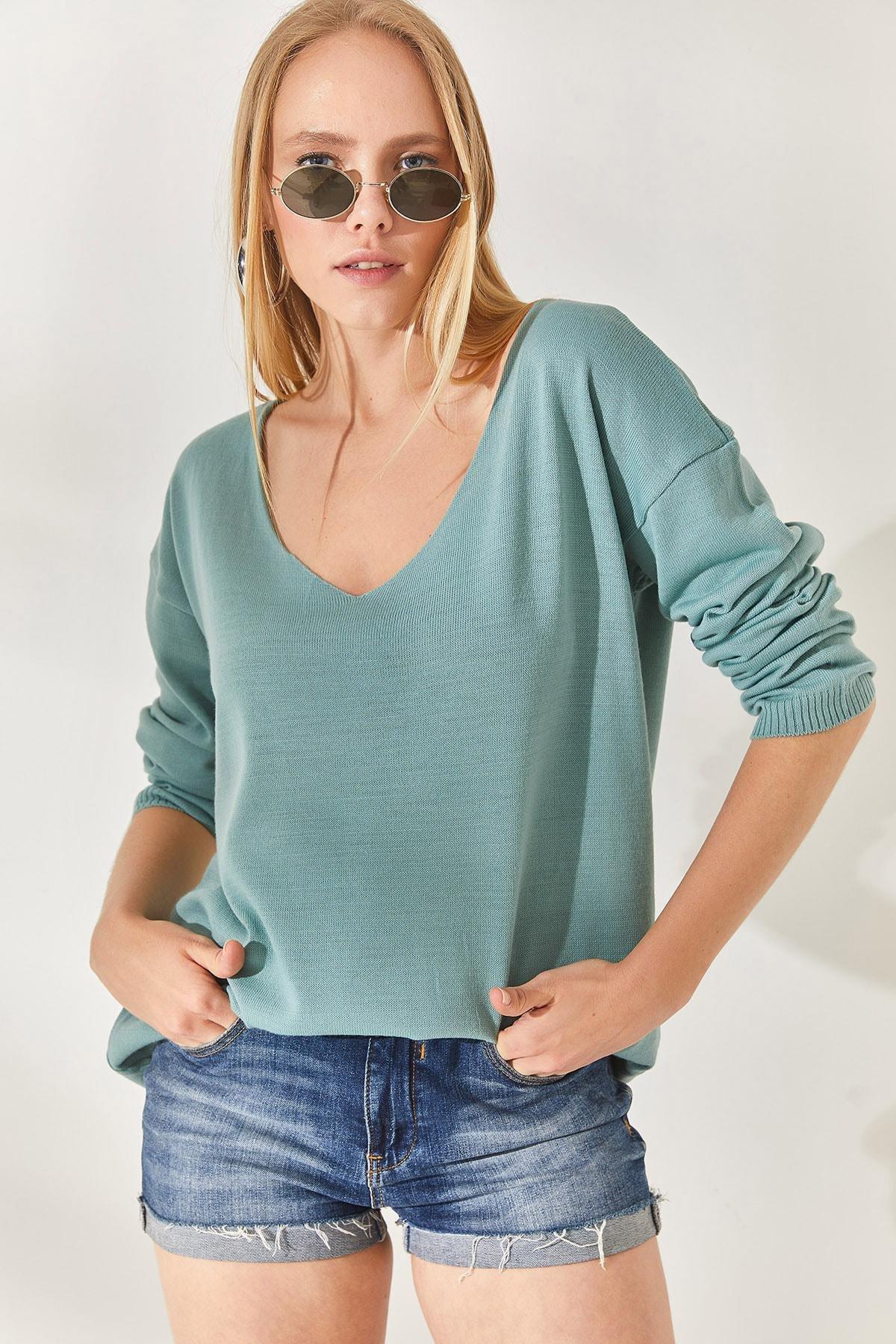Green V Neck Loose Knitwear Blouse, CAGLA GREEN, large image number 0