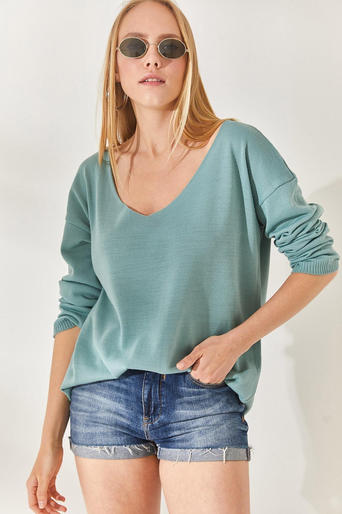 Green V Neck Loose Knitwear Blouse, CAGLA GREEN, large image number 2