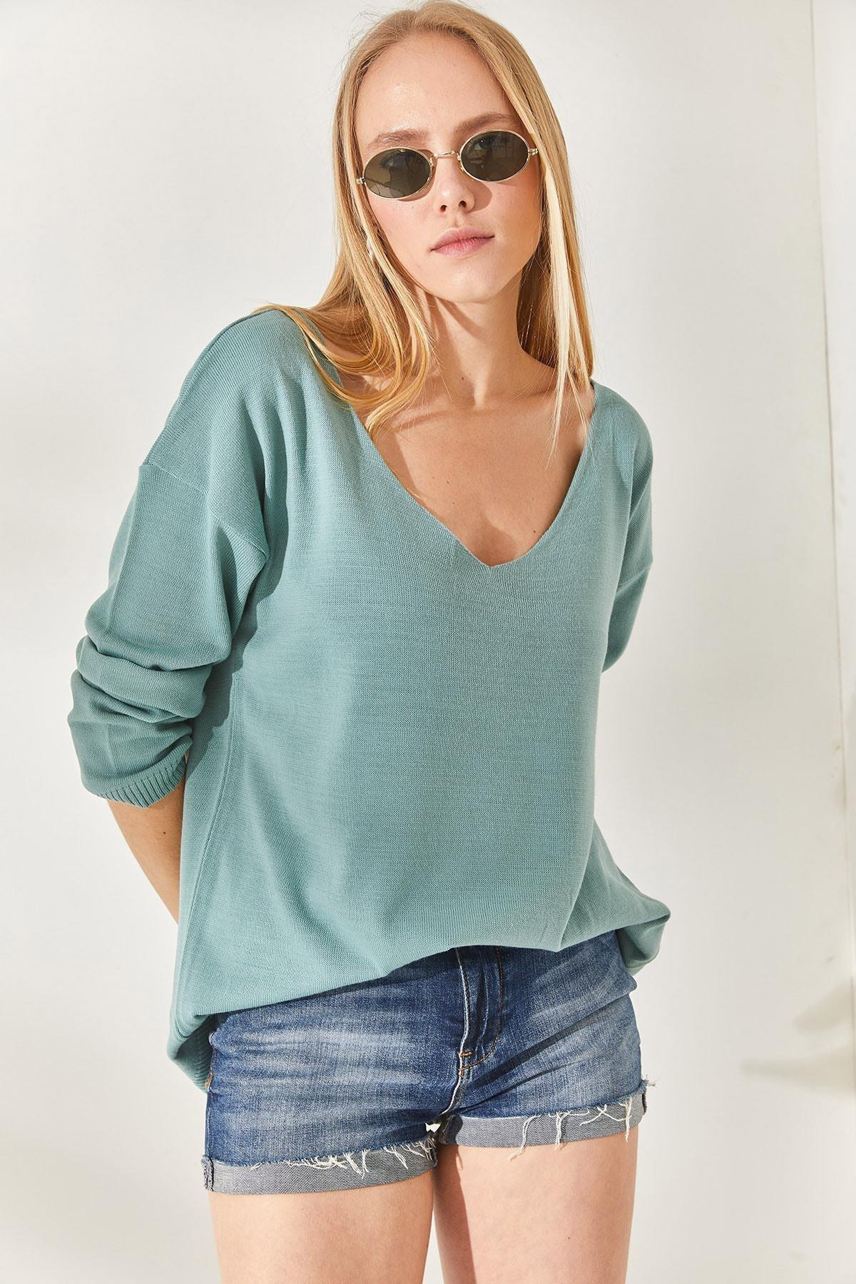 Green V Neck Loose Knitwear Blouse, CAGLA GREEN, large image number 3