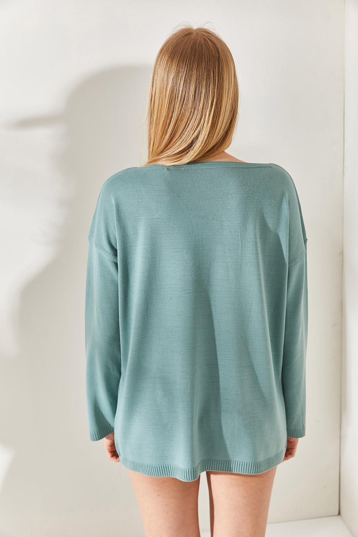 Green V Neck Loose Knitwear Blouse, CAGLA GREEN, large image number 4