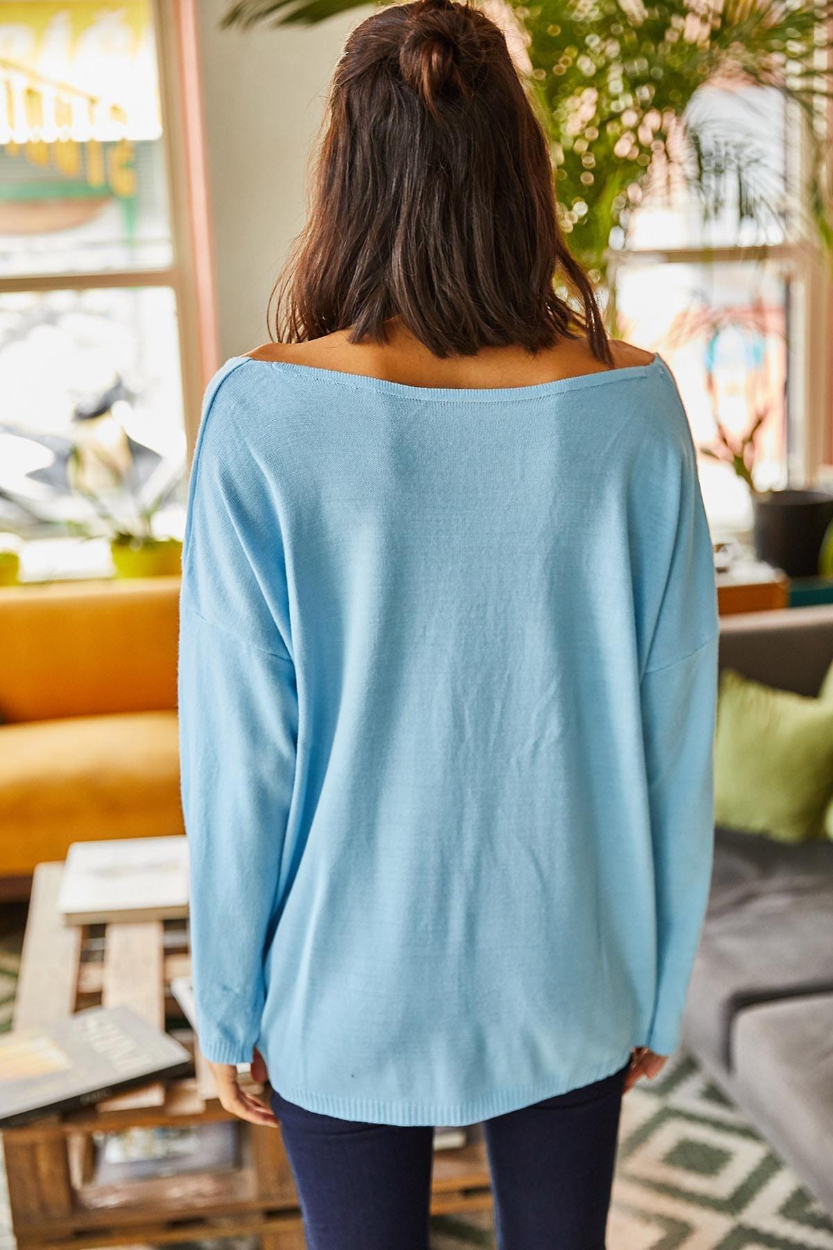 Blue V-Neck Loose Knitwear Blouse, BABY BLUE, large image number 7