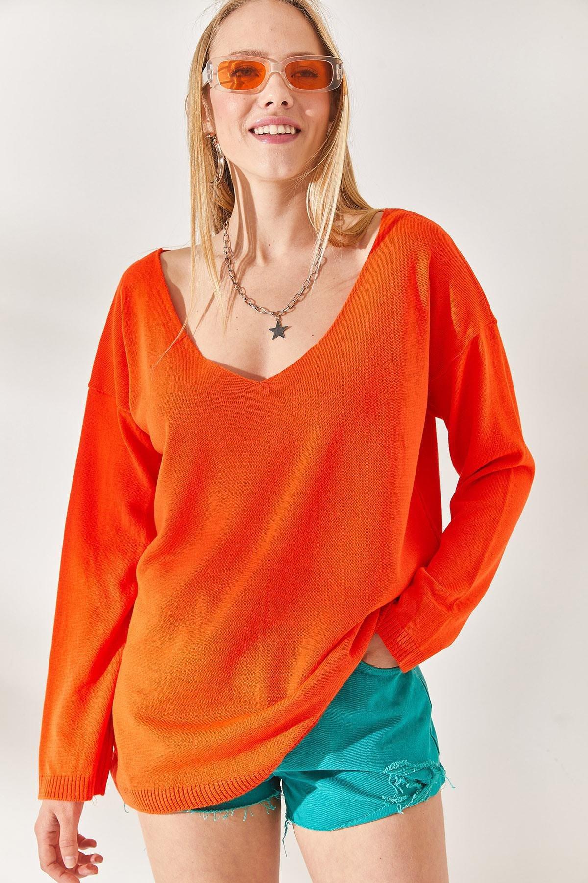 Orange V Neck Loose Knitwear Blouse, Orange, large image number 1