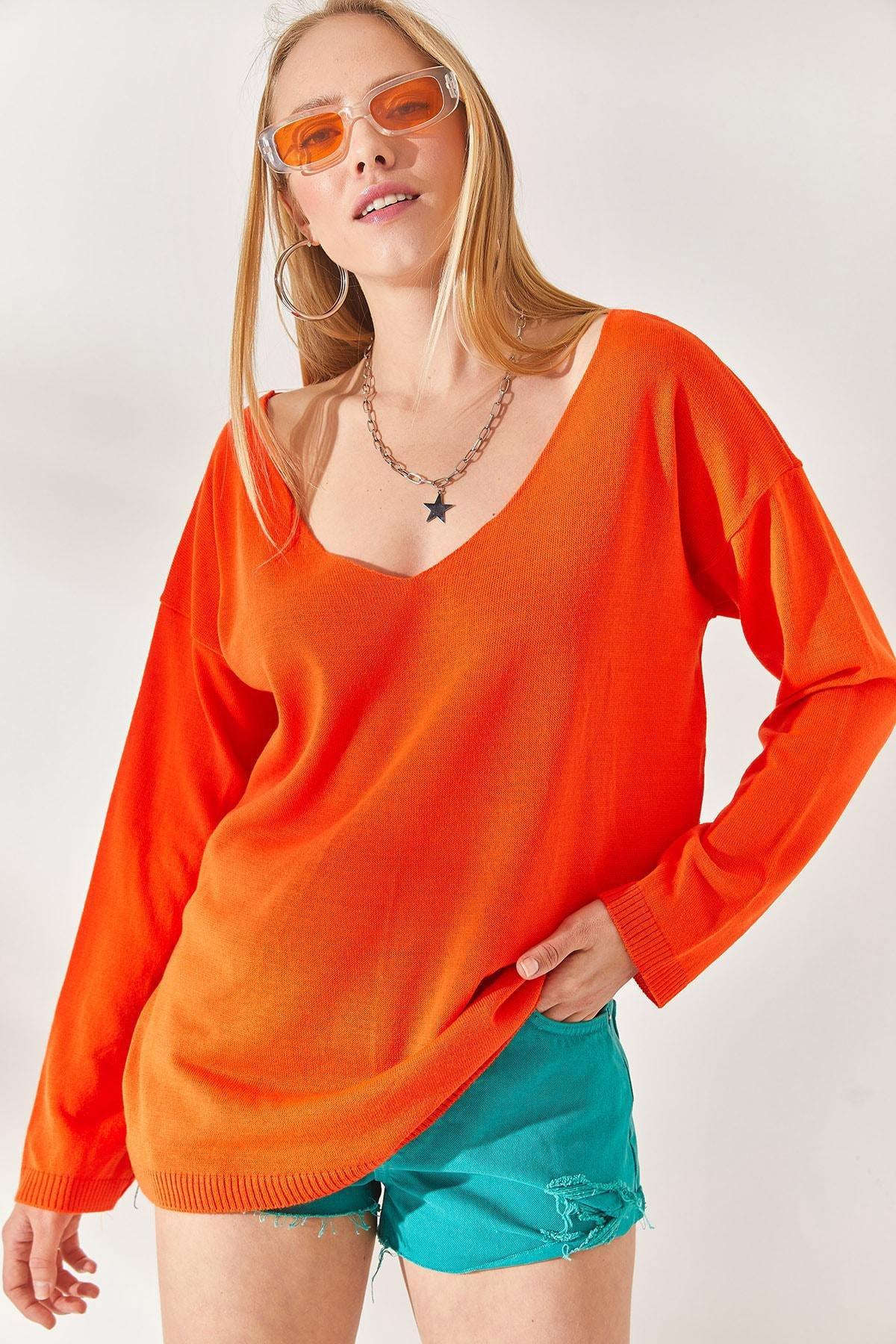 Orange V Neck Loose Knitwear Blouse, Orange, large image number 2
