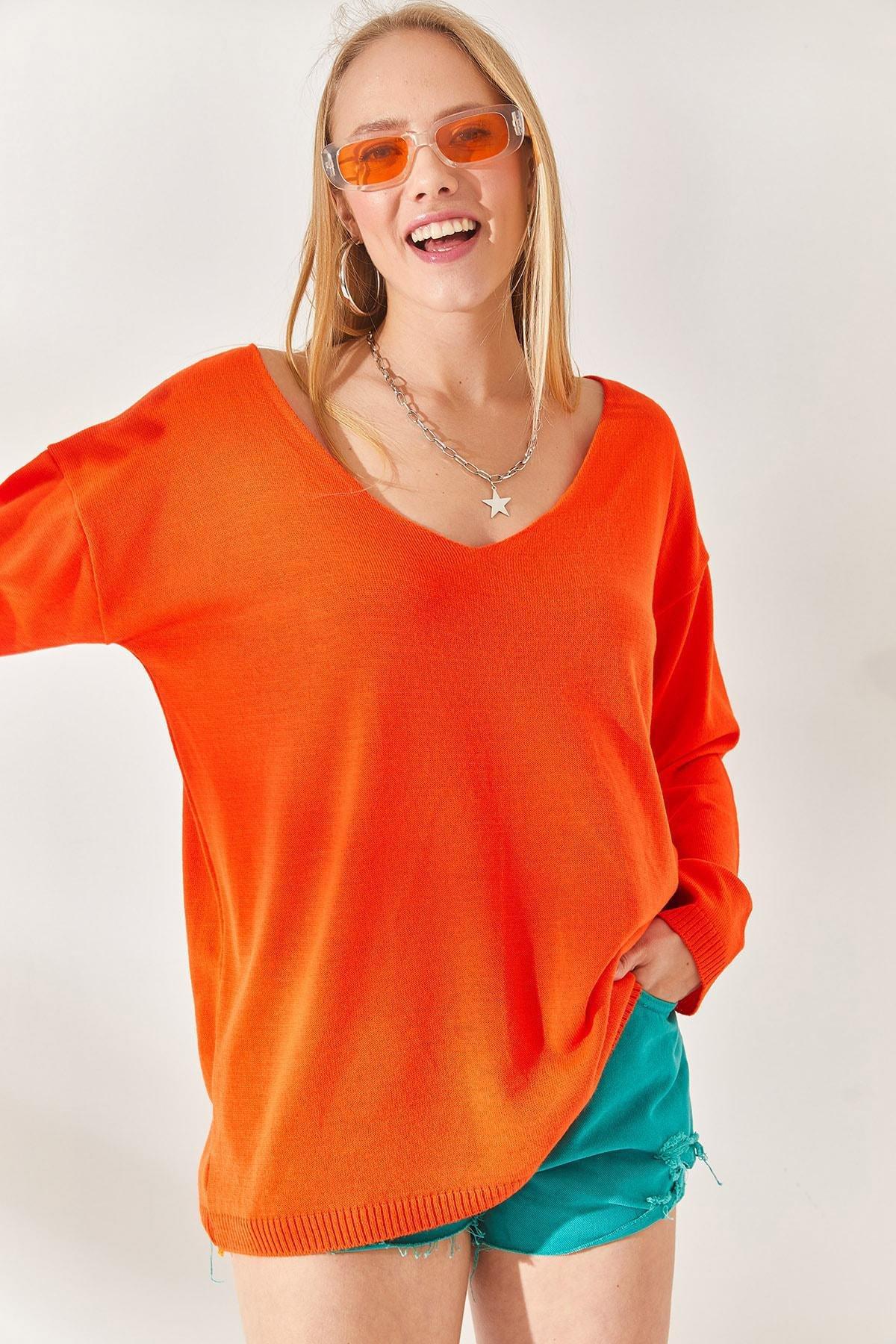 Orange V Neck Loose Knitwear Blouse, Orange, large image number 3