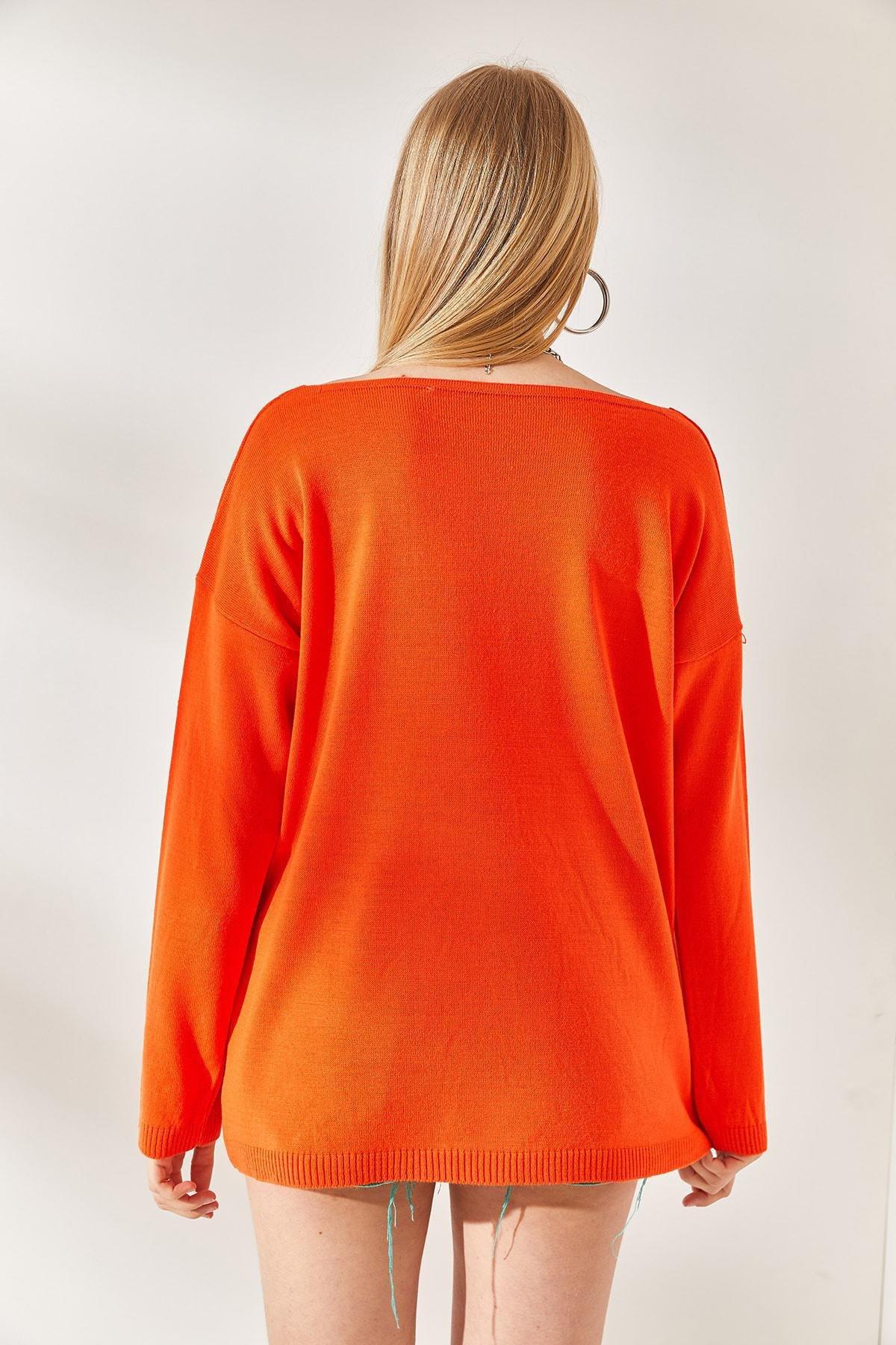 Orange V Neck Loose Knitwear Blouse, Orange, large image number 4