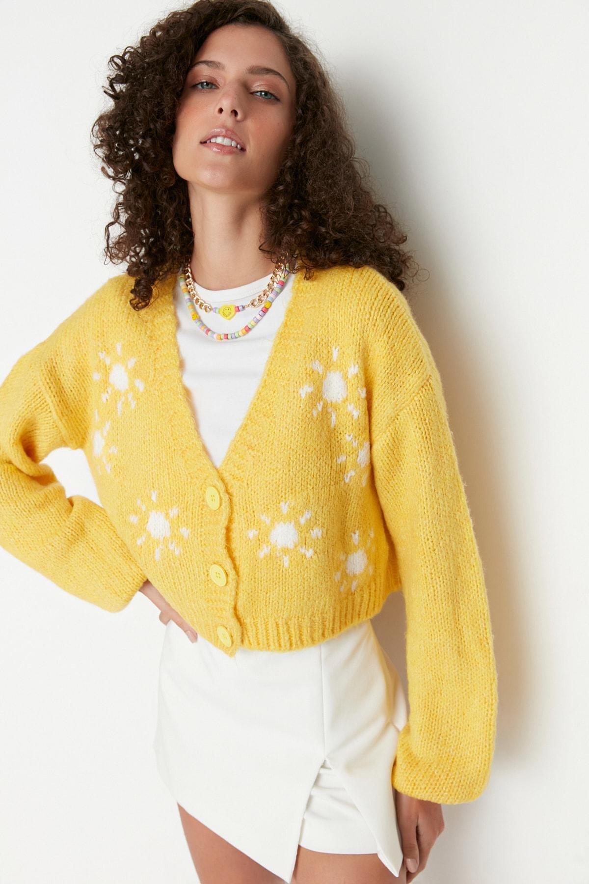 Yellow V Neck Cardigan, Yellow, large image number 1