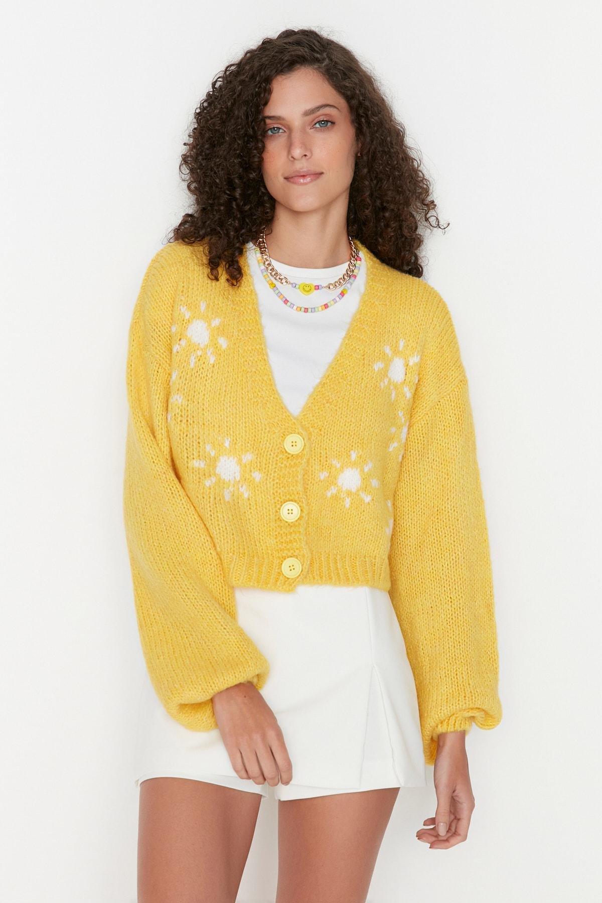 Yellow V Neck Cardigan, Yellow, large image number 3