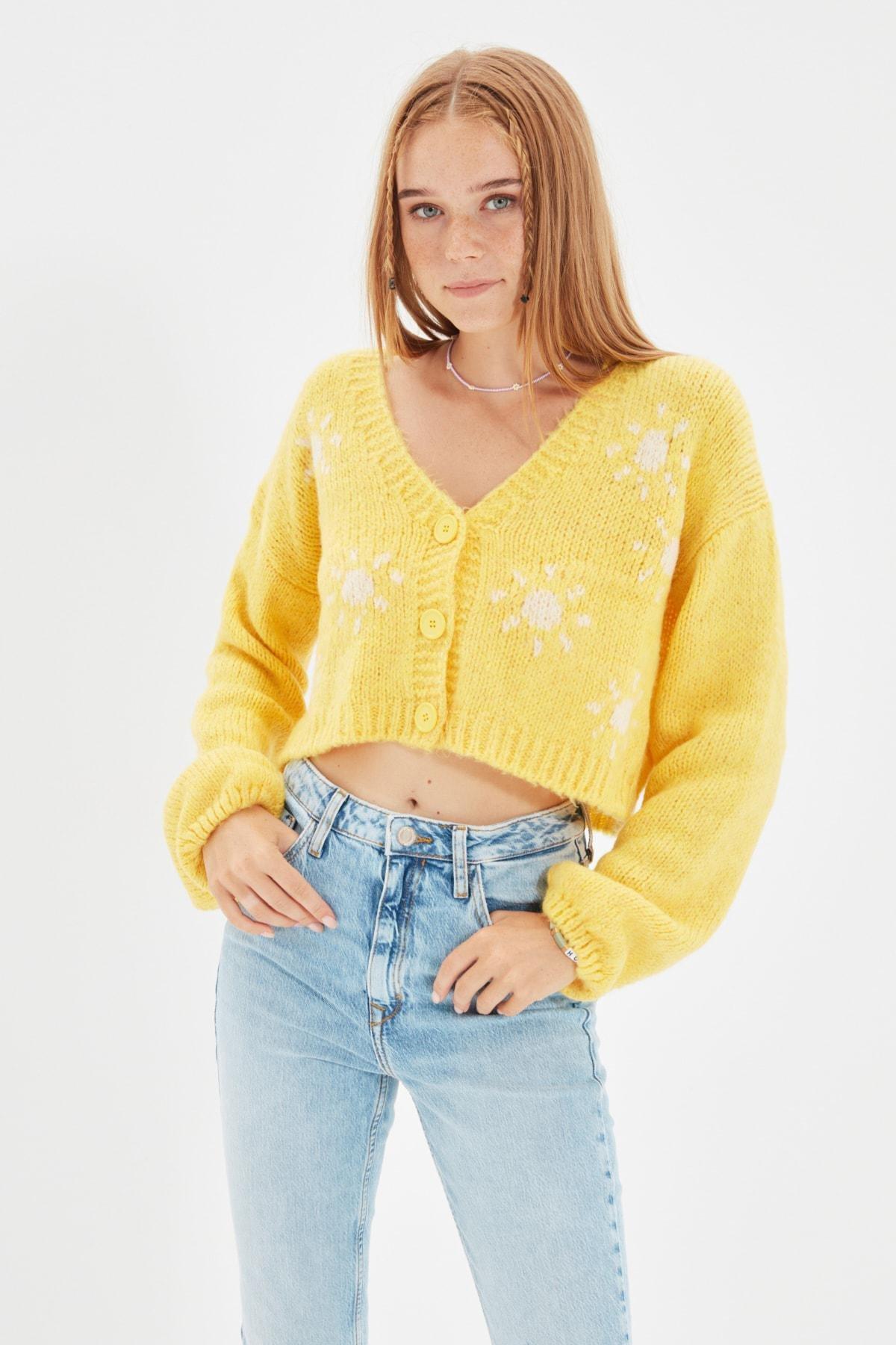 Yellow V Neck Cardigan, Yellow, large image number 5