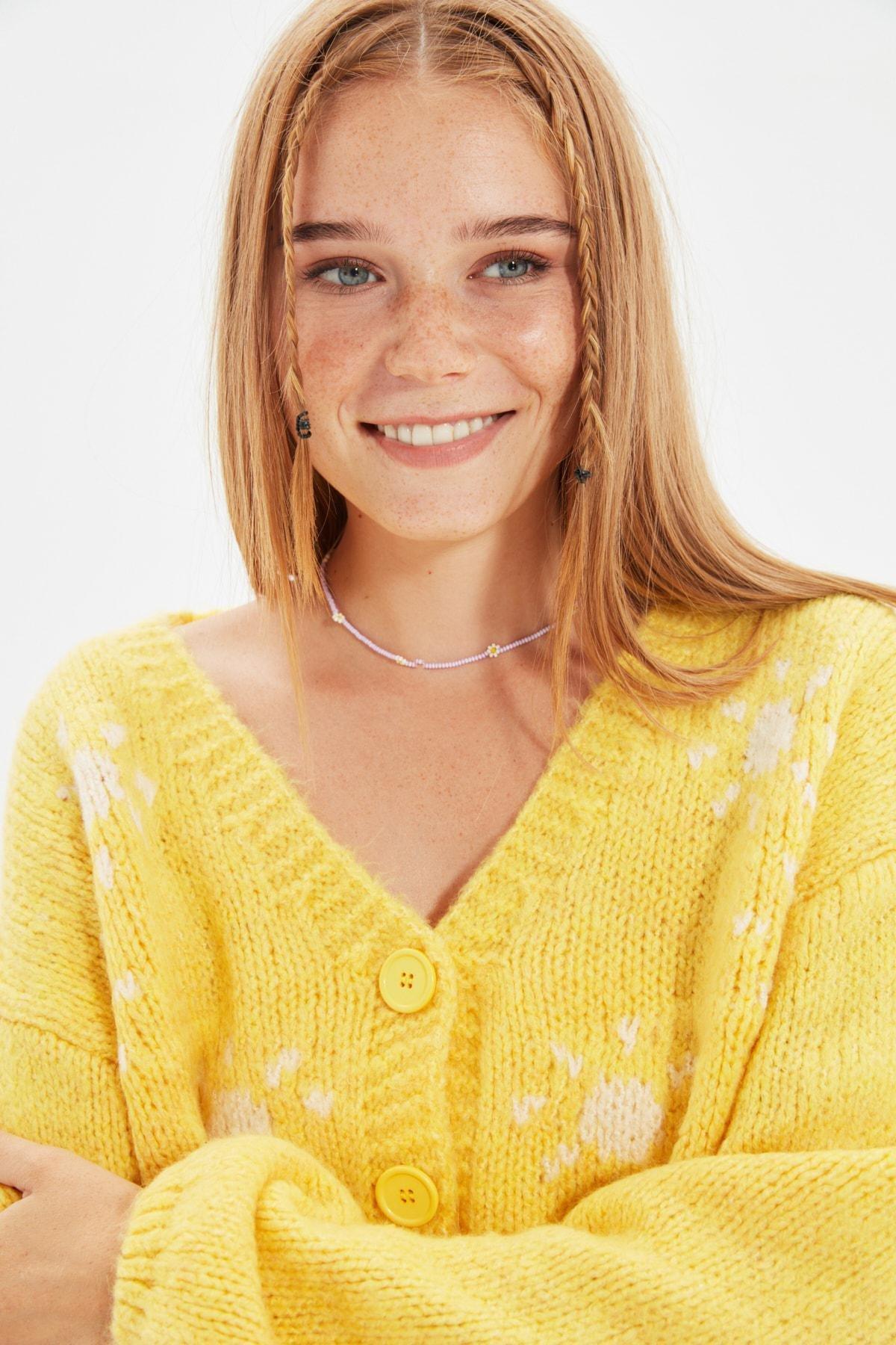 Yellow V Neck Cardigan, Yellow, large image number 6