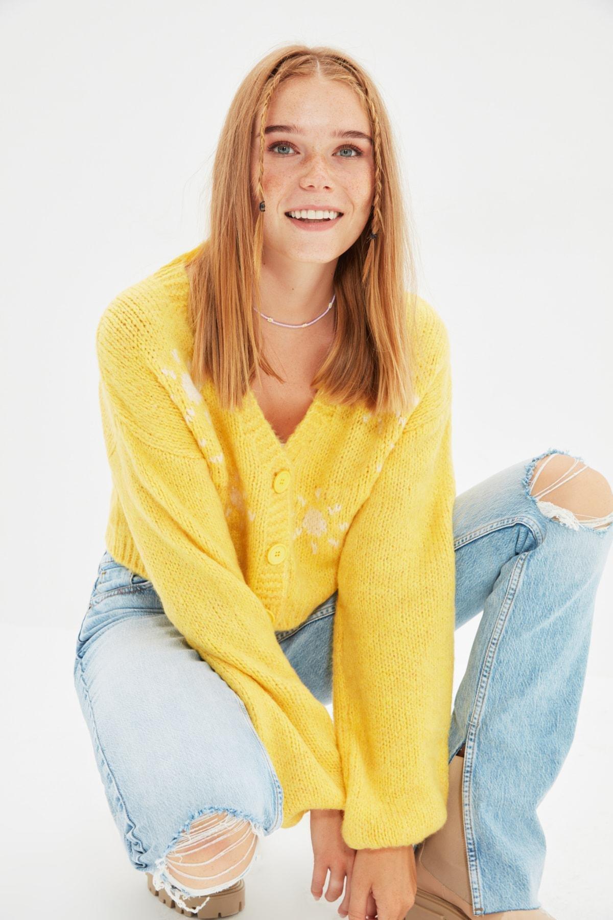 Yellow V Neck Cardigan, Yellow, large image number 8