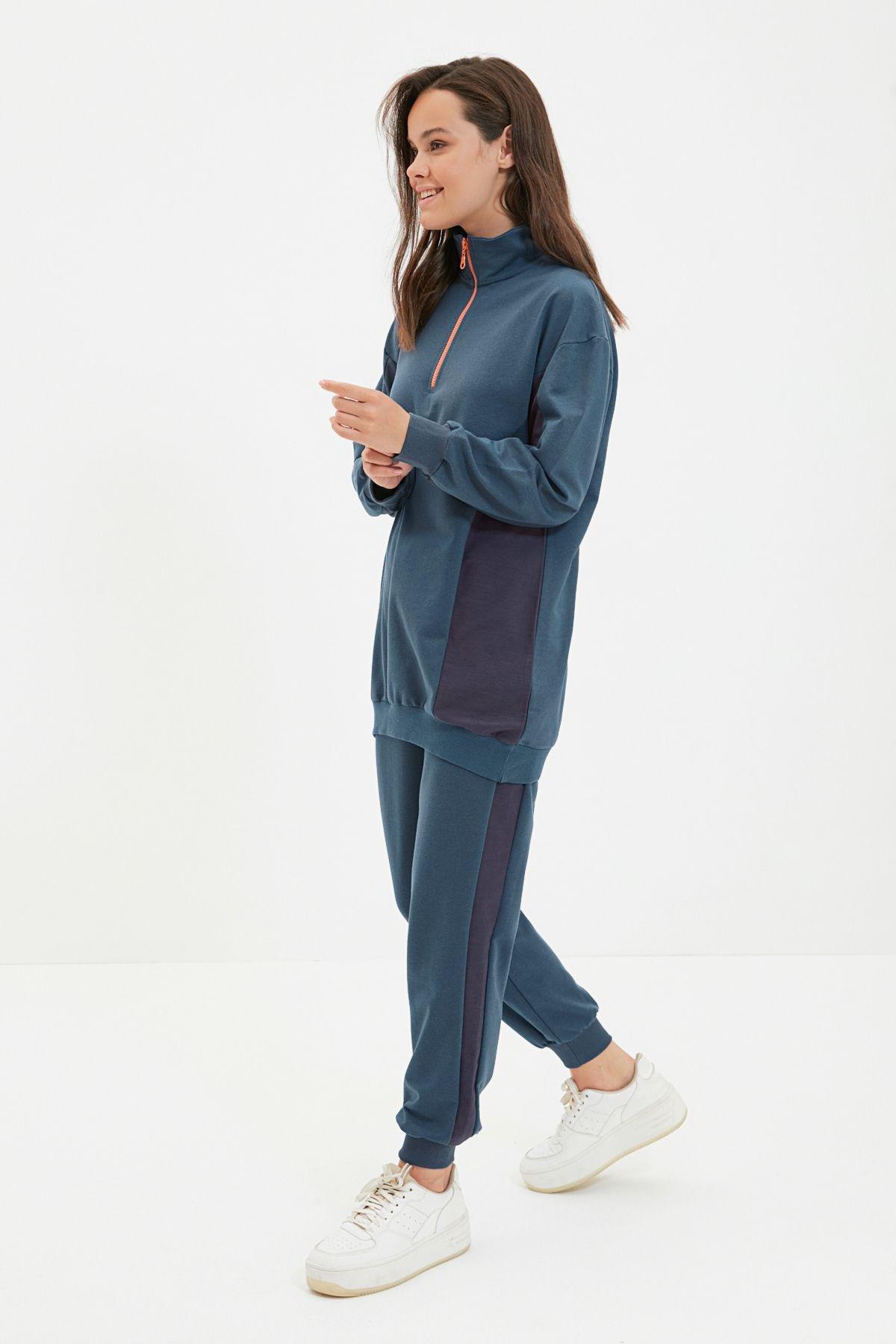 Petrol Stand Collar Zippered Color Block Thick Knitted Soft Fluffy Tracksuit TCTAW22EN0041, , large image number 0