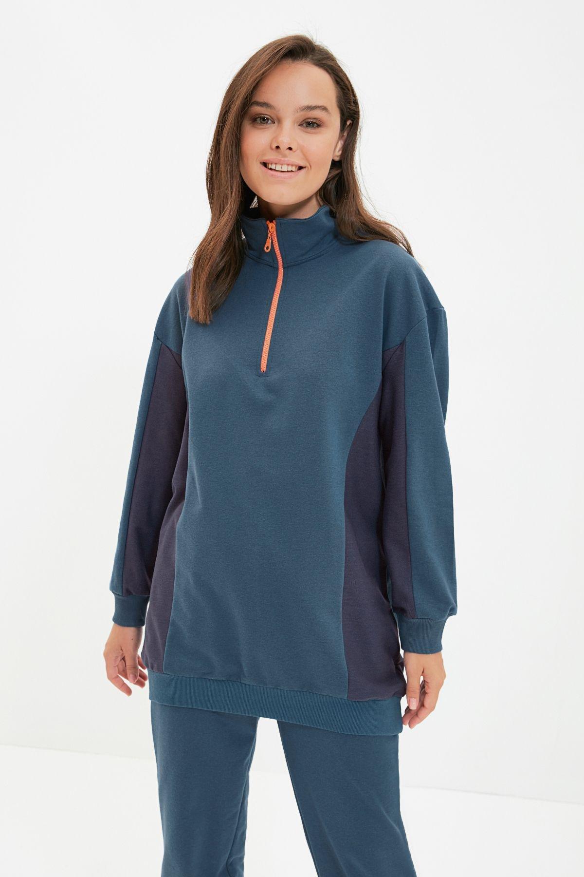 Petrol Stand Collar Zippered Color Block Thick Knitted Soft Fluffy Tracksuit TCTAW22EN0041, , large image number 1