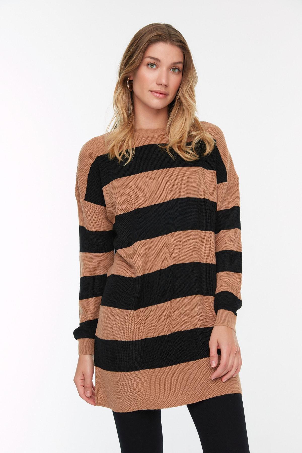 Trendyol - Brown Striped Crew Neck Sweater