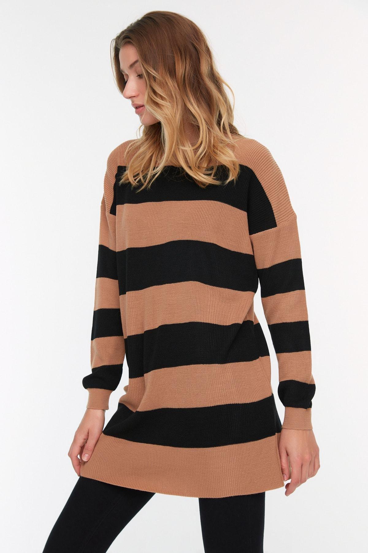 Trendyol - Brown Striped Crew Neck Sweater