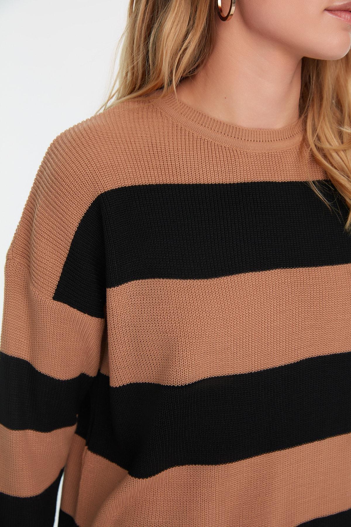 Trendyol - Brown Striped Crew Neck Sweater
