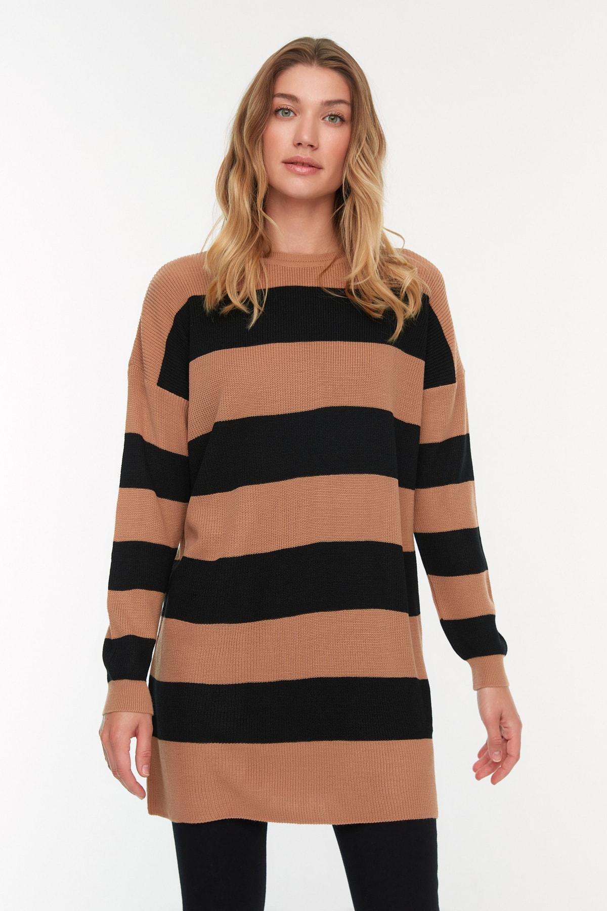 Trendyol - Brown Striped Crew Neck Sweater