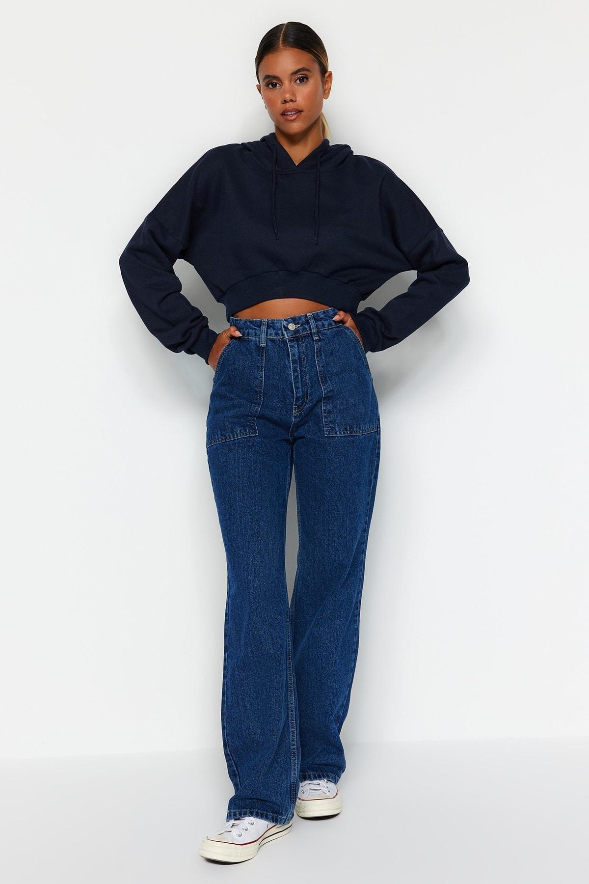 Navy High Waist Loose Jeans, , large image number 0