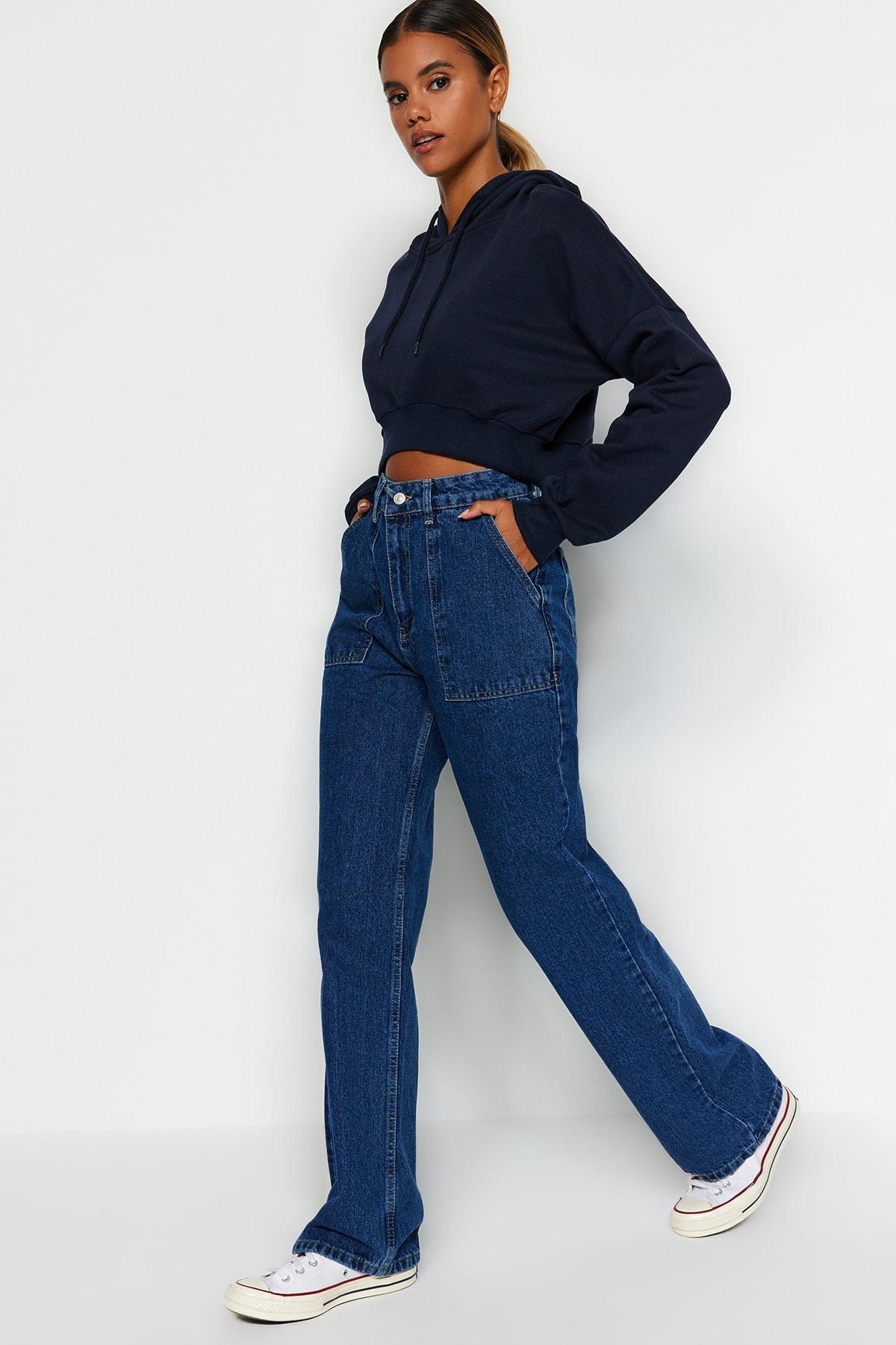 Navy High Waist Loose Jeans, Dark blue, medium